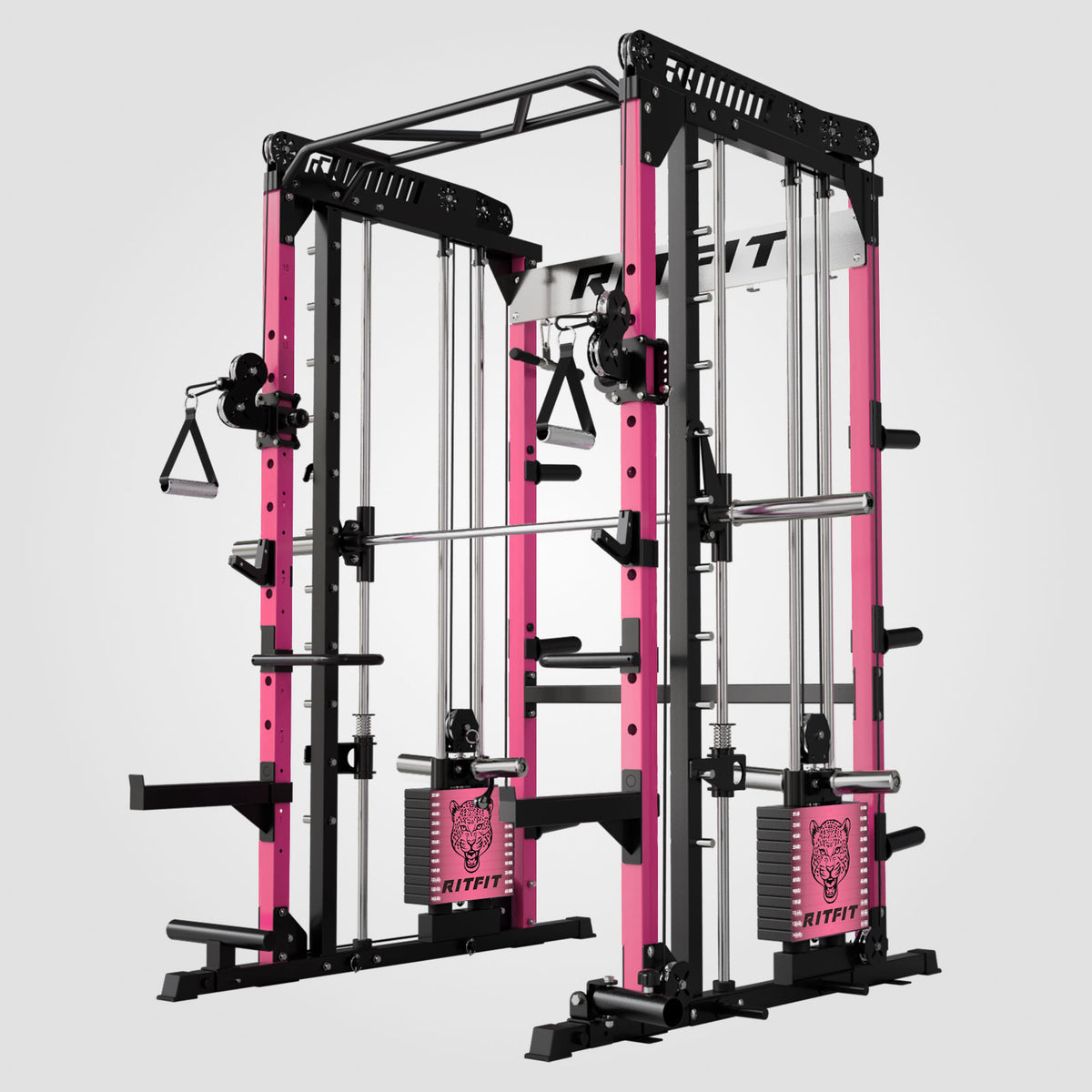 Pink RitFit M1 PRO Smith Machine with cable crossover system and squat rack for home gym