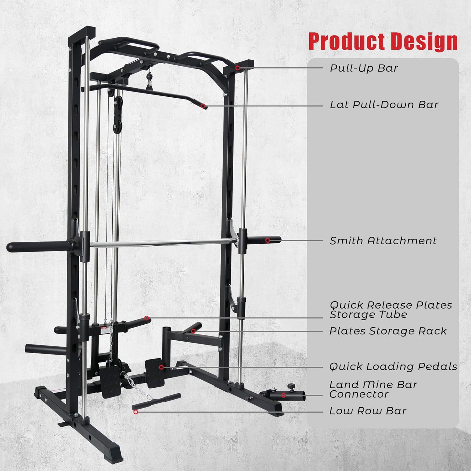 RitFit Smith Machine Power Rack with LAT-Pull Down System, Landmine, Barbell Bar, Plate Storage Pegs and More Training Attachment
