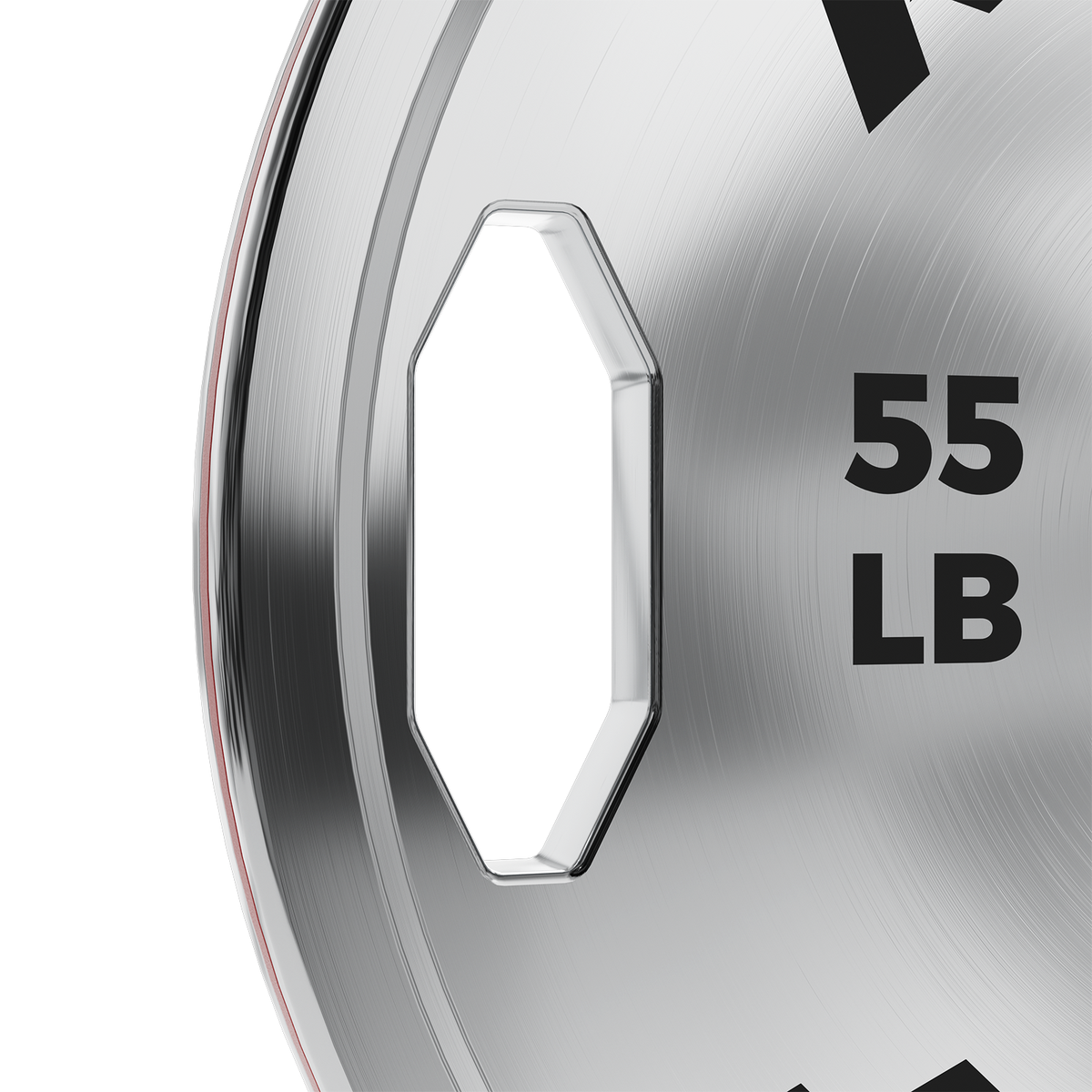 Close up of silver RitFit 55 LB chrome steel bumper plate with hexagonal center hole