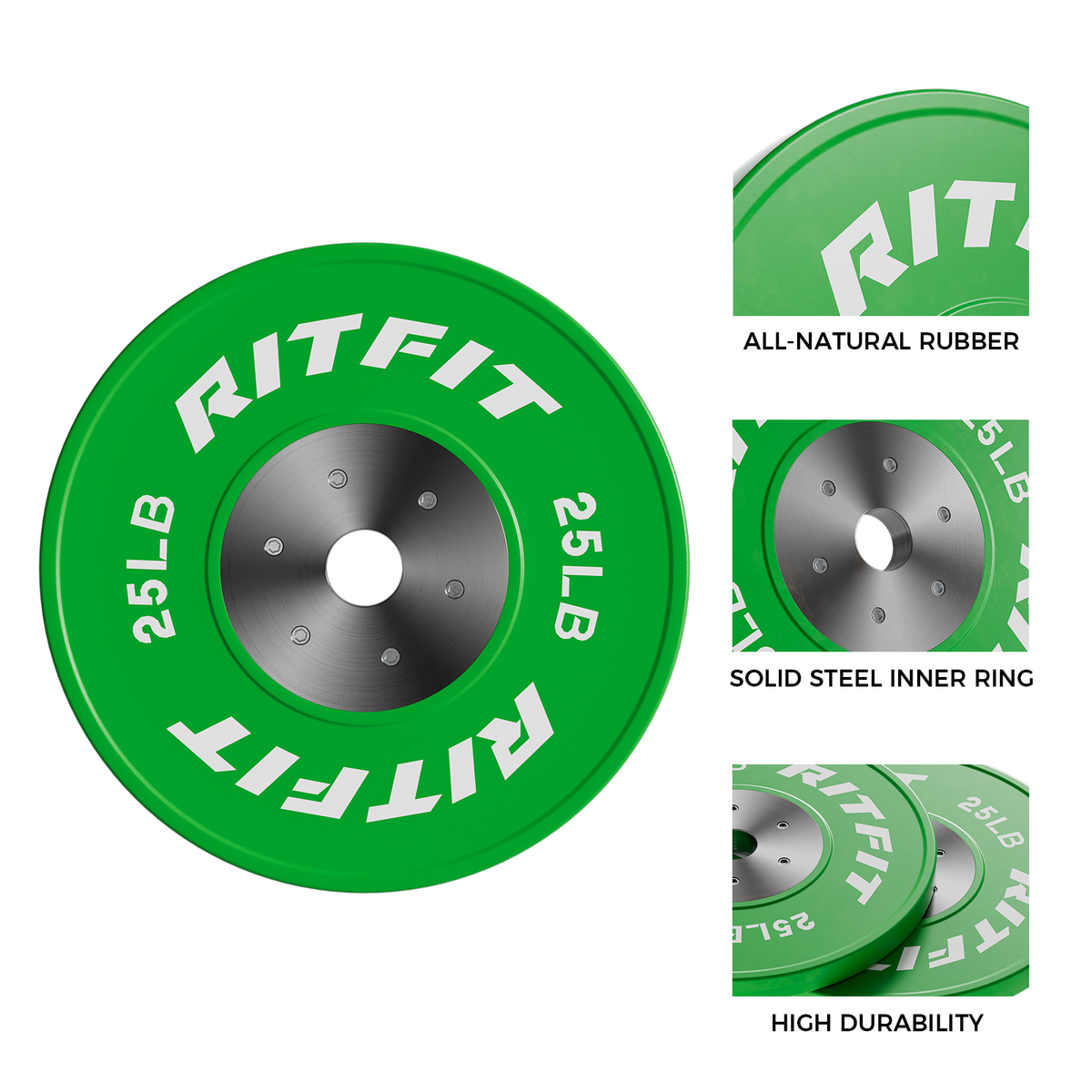 Green RitFit 25LB rubber bumper plate with solid steel inner ring