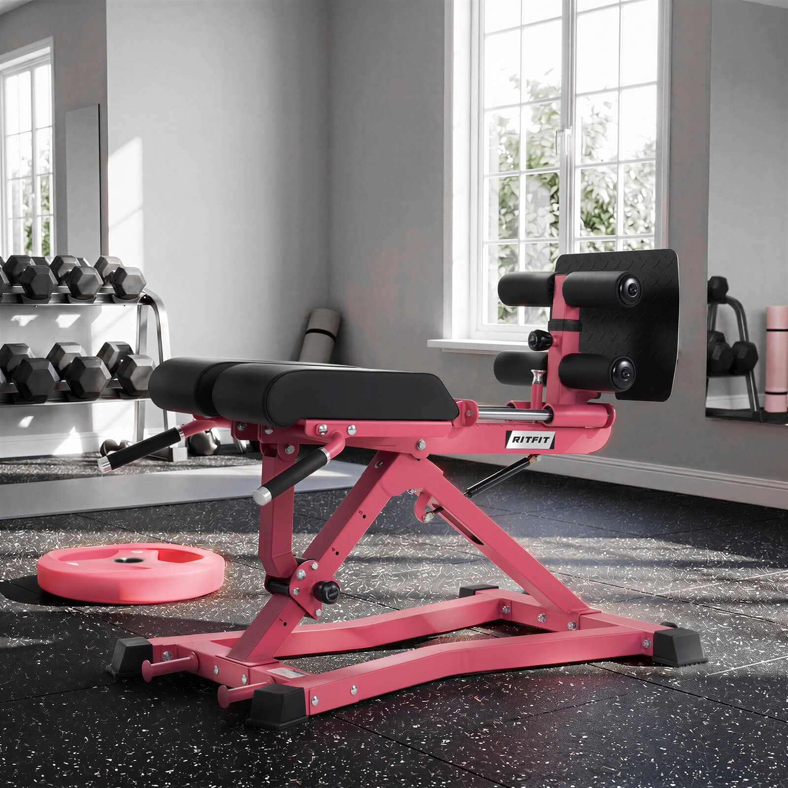 Pink RitFit BE01 adjustable back extension machine for strength training, suitable for home or gym use.
