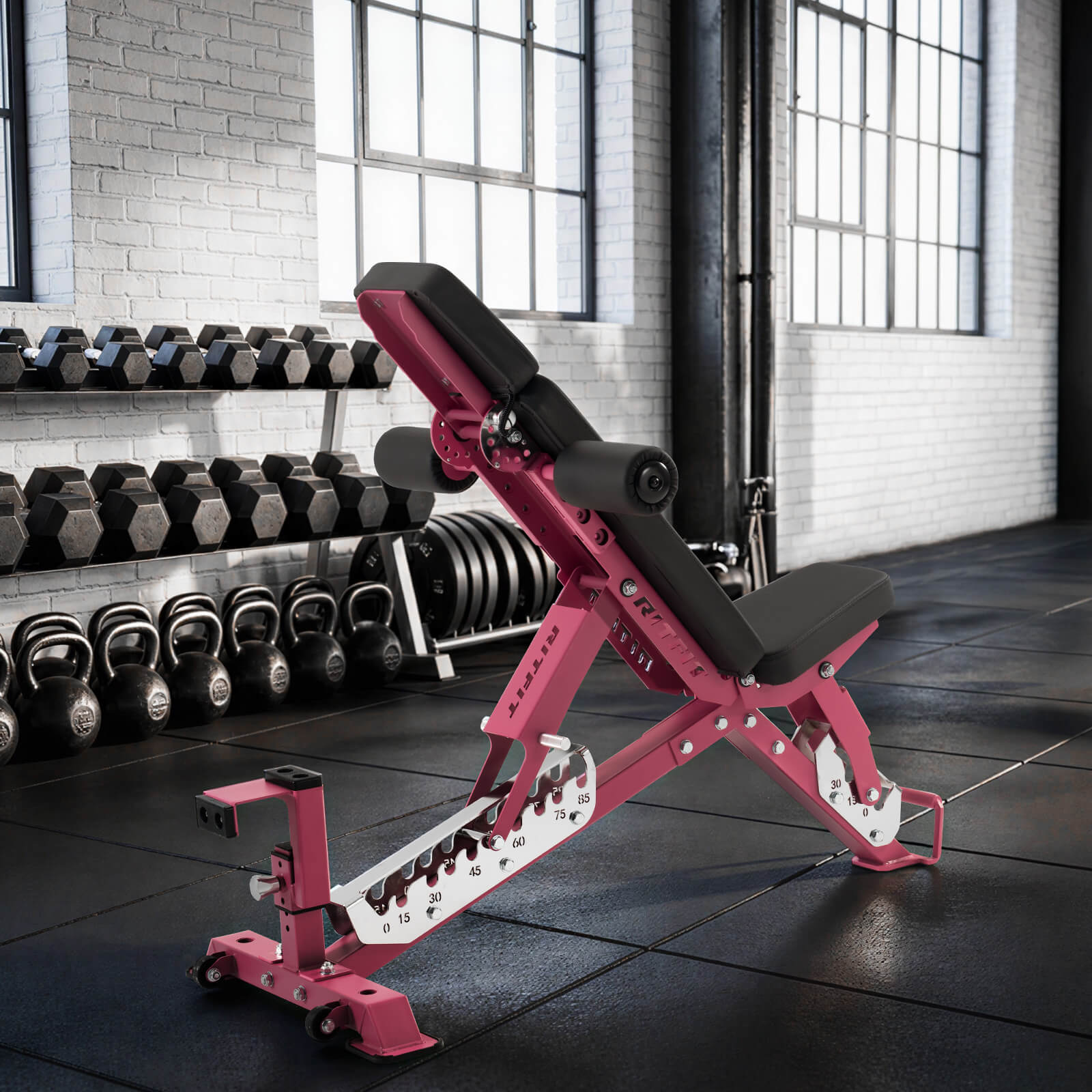 Pink RitFit GATOR adjustable weight bench with 1600LB capacity, featuring padded seat and sturdy metal frame for strength training.