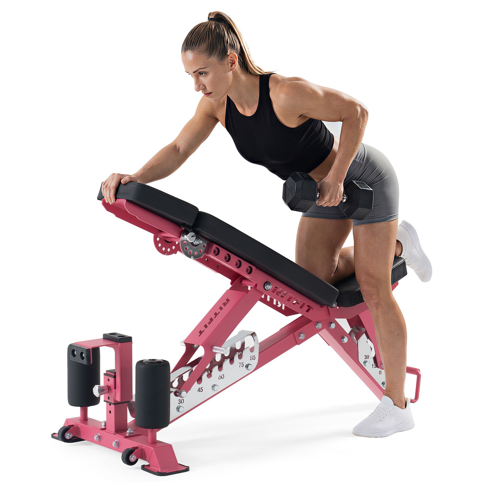 Pink RitFit GATOR adjustable weight bench with padded seat and backrest, suitable for strength training and gym workouts.