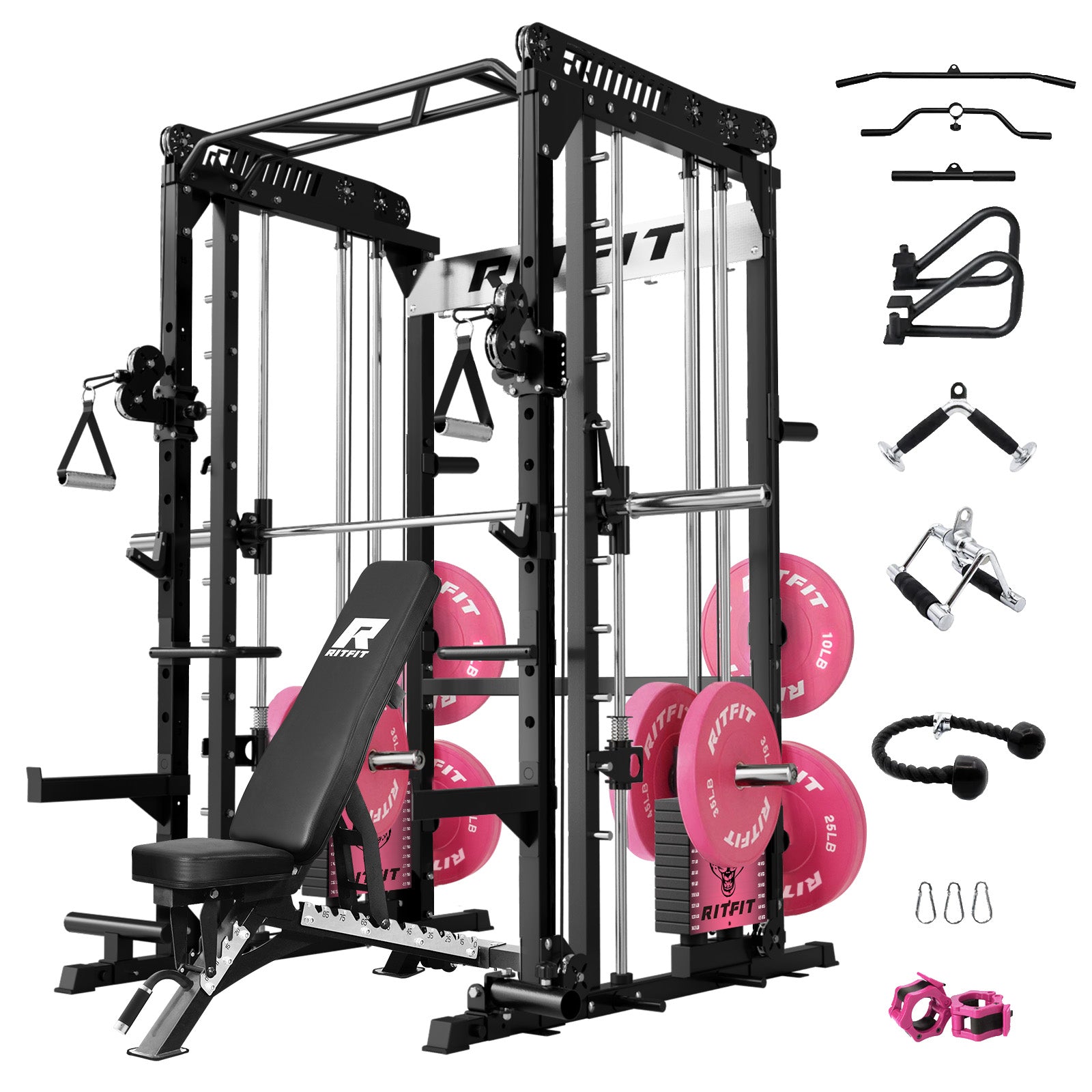 RitFit Pink M1 PRO Multi-Functional Smith Machine home gym package with weight plates and workout accessories.