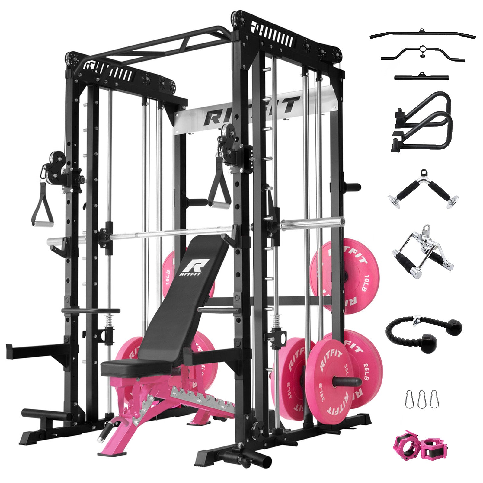 RitFit Pink M1 PRO multi-functional Smith machine home gym package with weight plates and workout accessories.