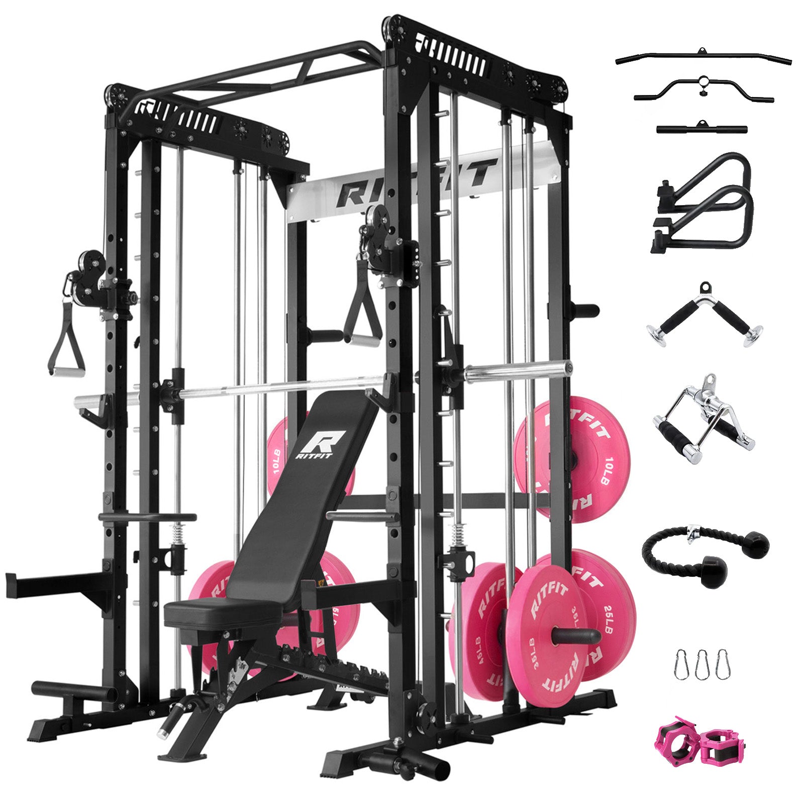 RitFit Pink M1 PRO Multi-Functional Smith Machine home gym package with weight plates and workout accessories.