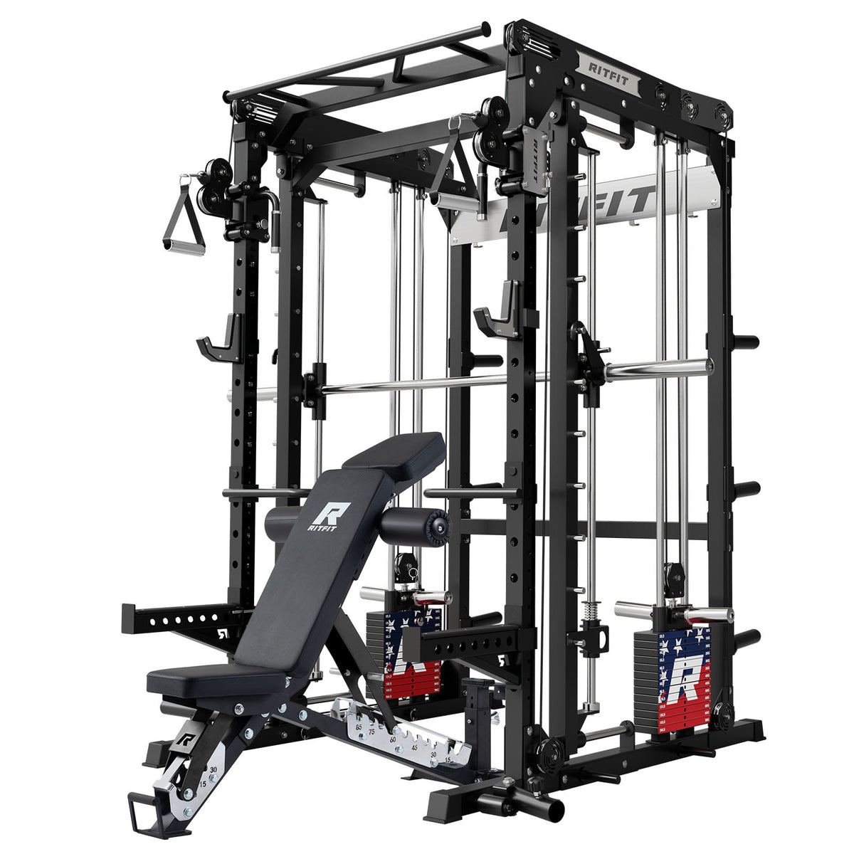 Black RitFit M2 Series Multi-Functional Modular Home Gym Package with adjustable bench and cable system