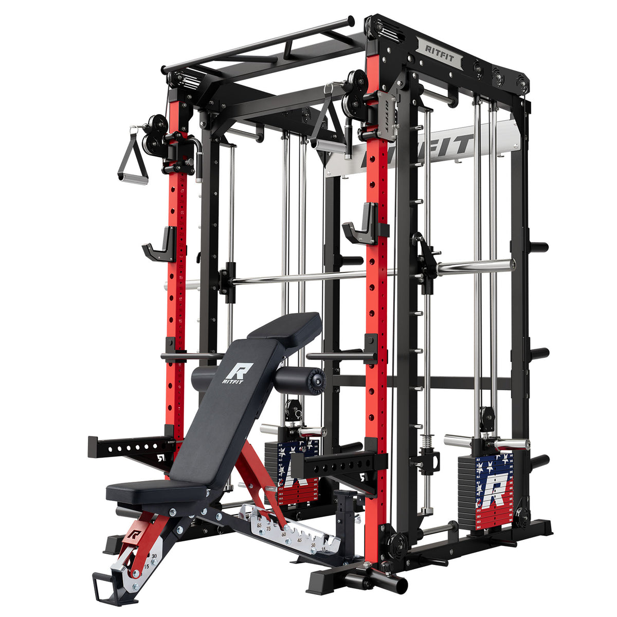 RitFit M2 Series multi-functional modular home gym package with red and black frame and adjustable bench