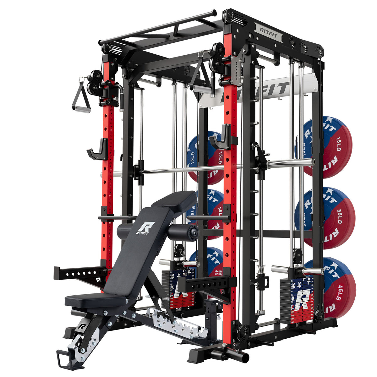 RitFit M2 Series multi-functional modular home gym with red and black frame, adjustable bench, and weight plates