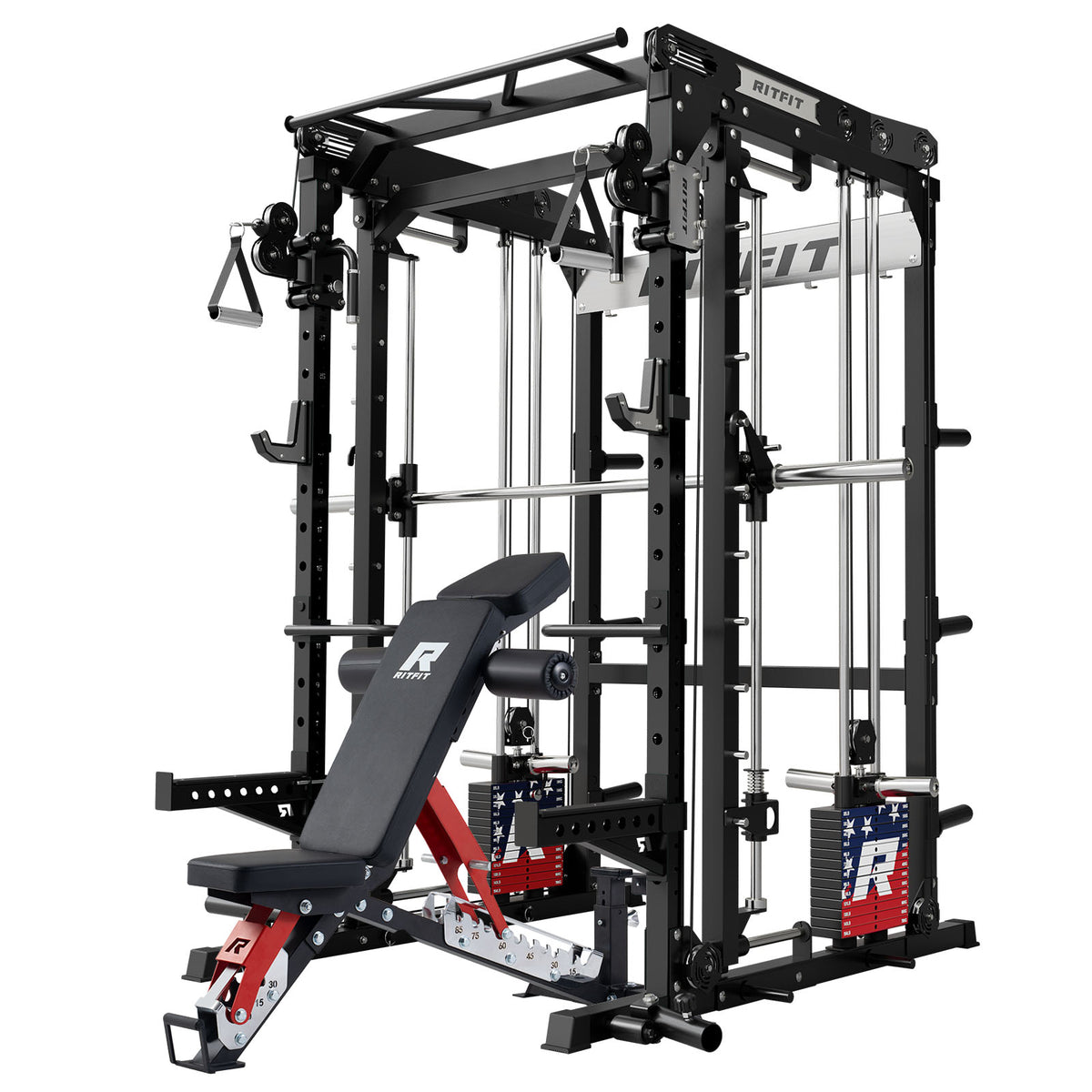 Black RitFit M2 Series Multi-Functional Modular Home Gym Package with adjustable bench and cable system