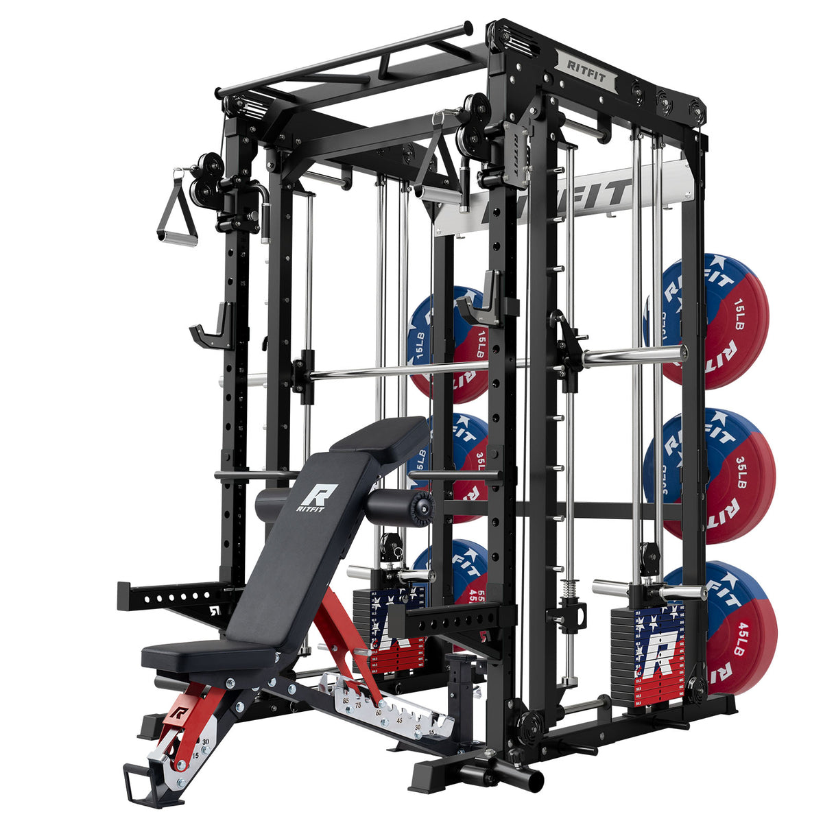 Black RitFit M2 Series multi-functional modular home gym with adjustable bench and weight plates