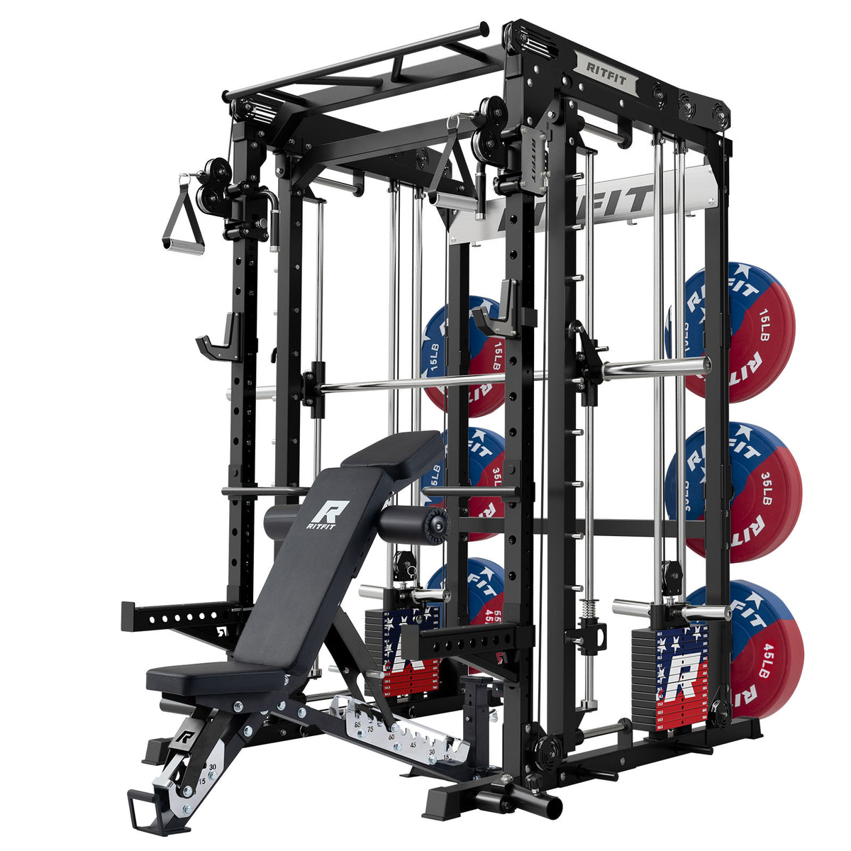 Black RitFit M2 Series Multi-Functional Modular Home Gym Package with adjustable bench and weight plates