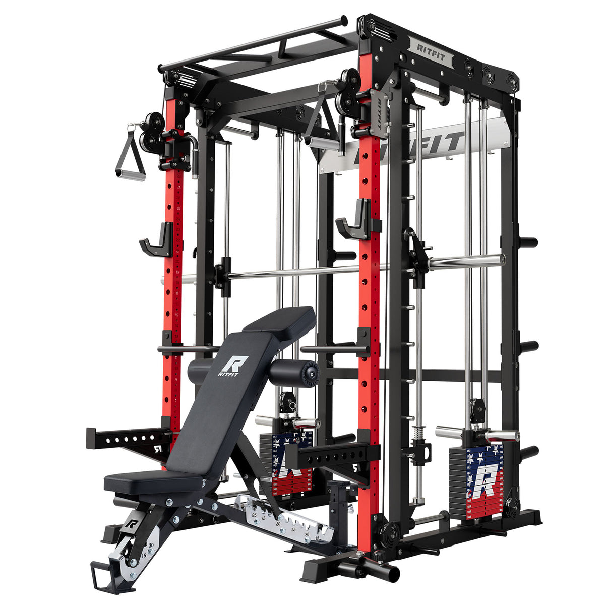 RitFit M2 Series Multi-Functional Modular Home Gym Package with red uprights and adjustable bench