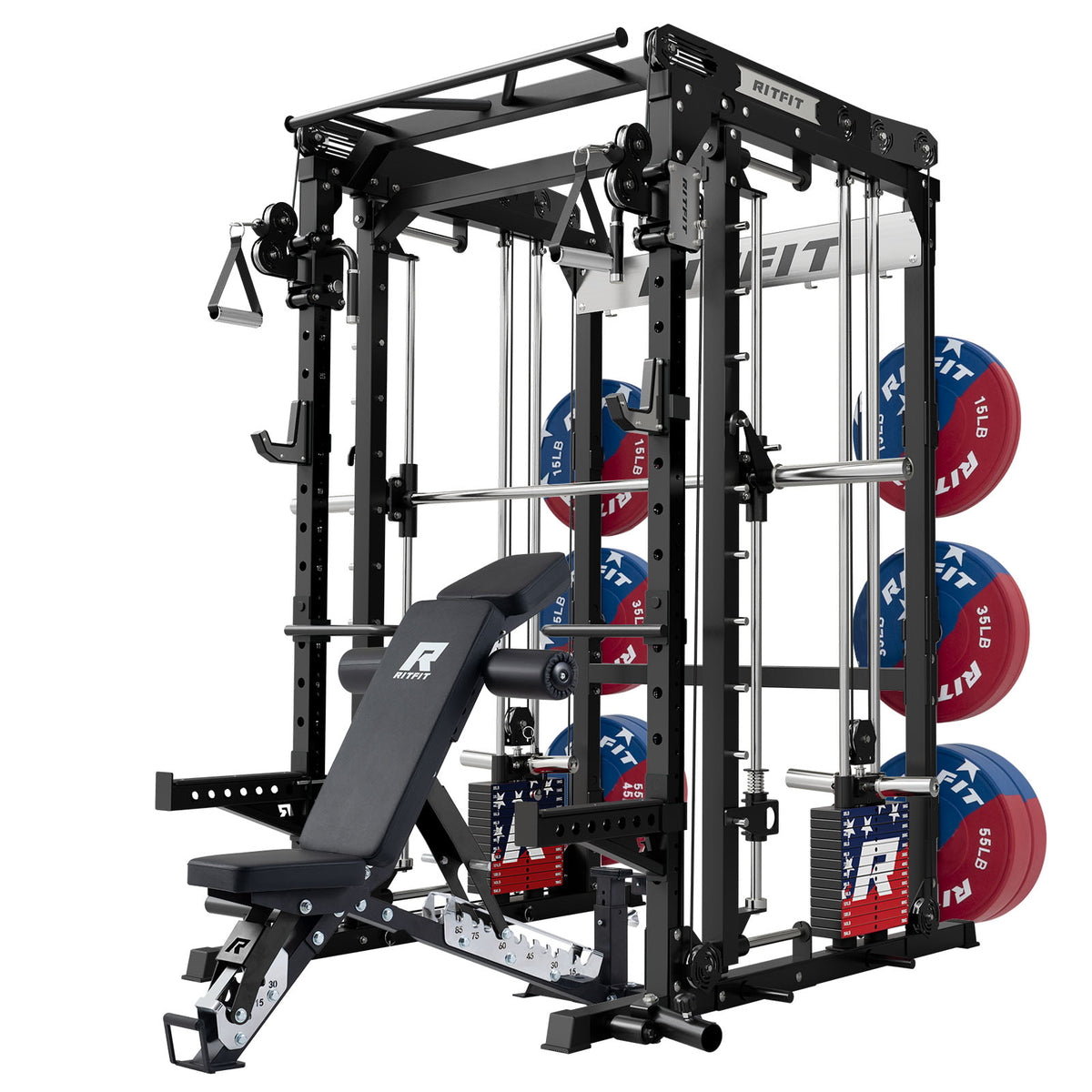 Black RitFit M2 Series Multi-Functional Modular Home Gym Package with adjustable bench and weight plates