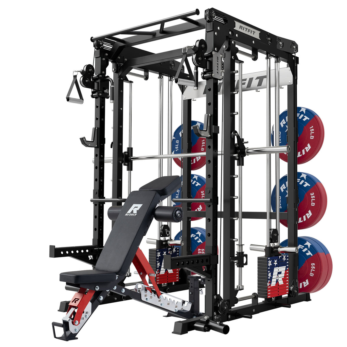 Black RitFit M2 Series Multi-Functional Modular Home Gym Package with adjustable bench and weight plates