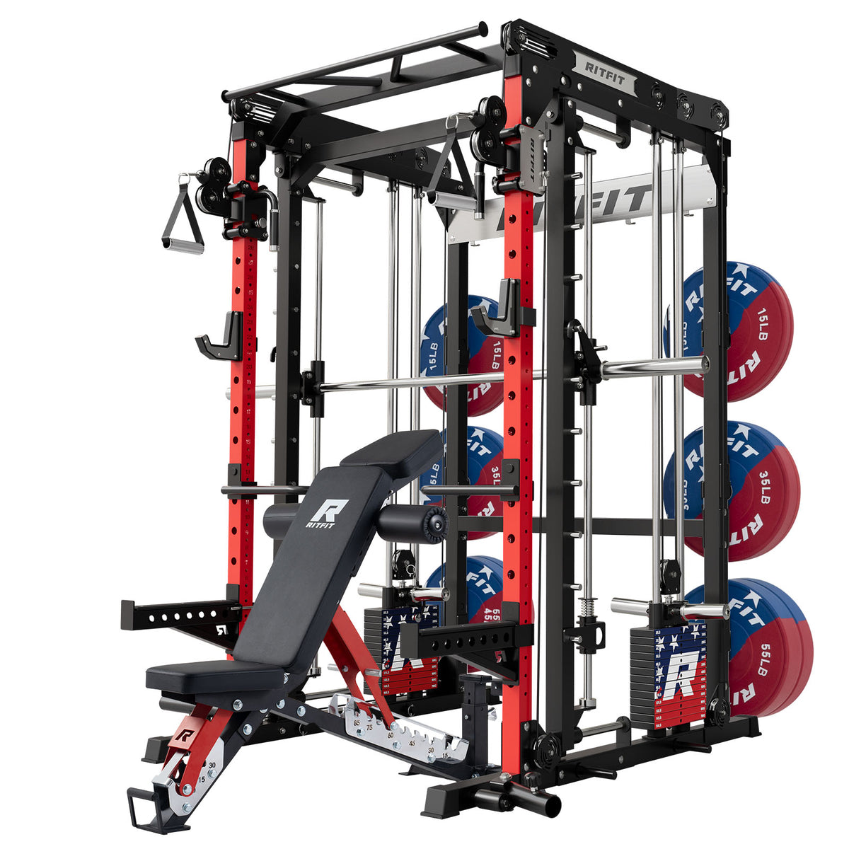 RitFit M2 Series multi-functional modular home gym package with red and black frame, adjustable bench, and weight plates