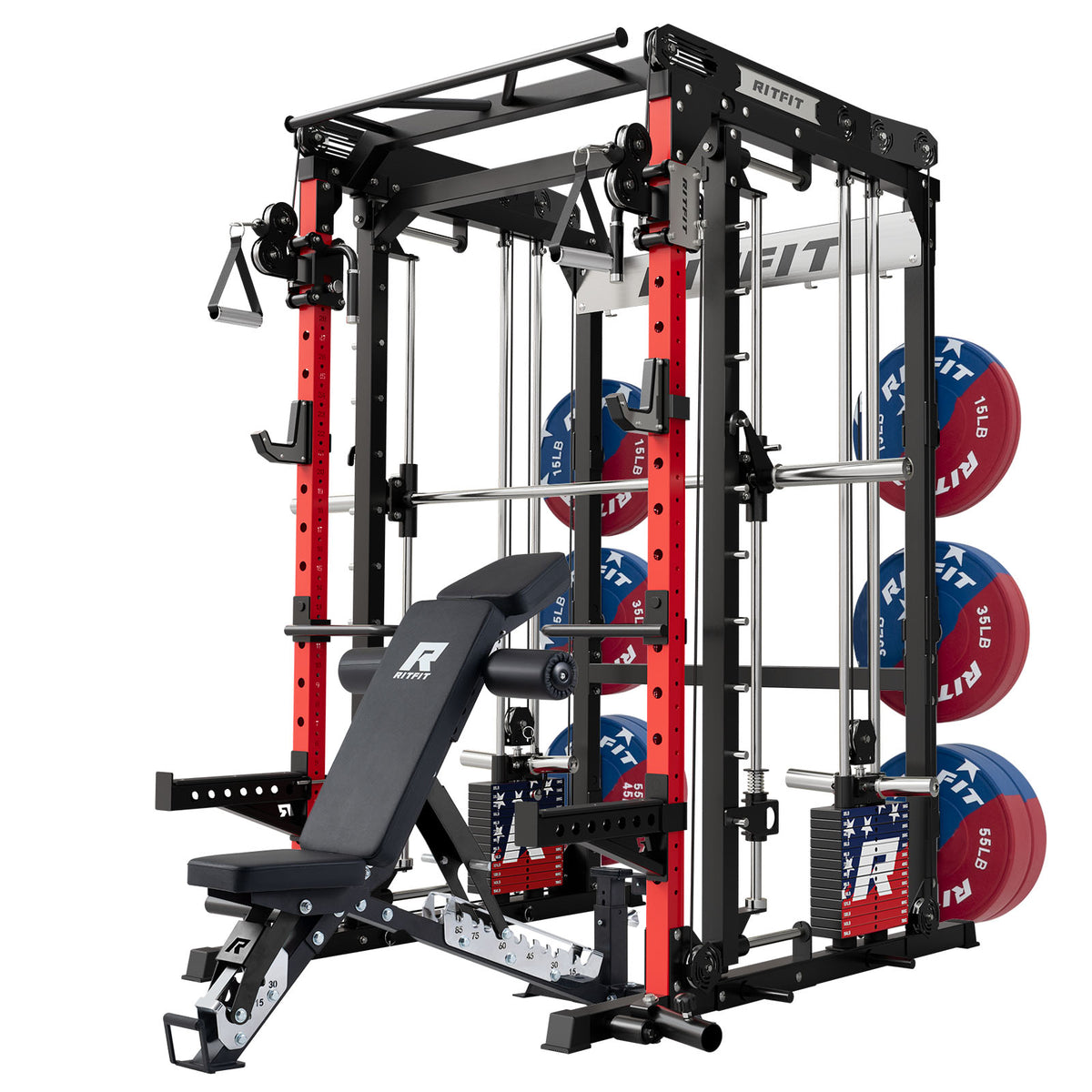 RitFit M2 Series multi-functional modular home gym with red and black frame, adjustable bench, and weight plates