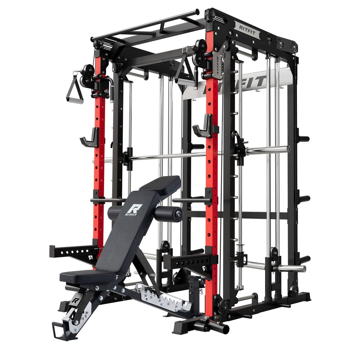 RitFit M2 Series multi-functional modular home gym package with red and black steel frame and adjustable bench