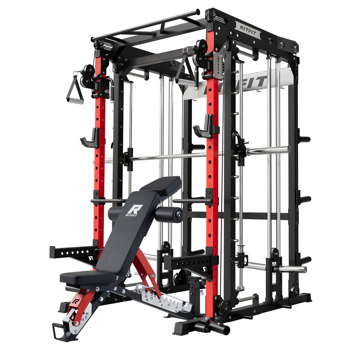 RitFit M2 Series multi-functional modular home gym package with red and black steel frame and adjustable bench