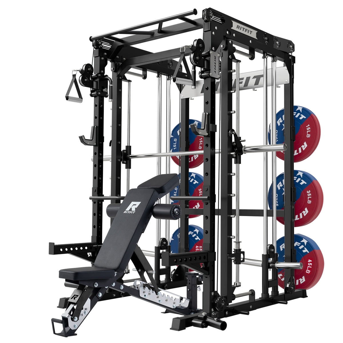 Black RitFit M2 Series Multi-Functional Modular Home Gym Package with adjustable bench and red blue weight plates