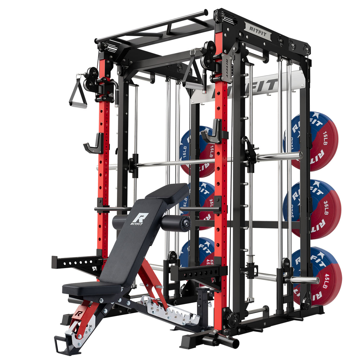 RitFit M2 Series multi-functional modular home gym with red and black frame, adjustable bench, and weight plates