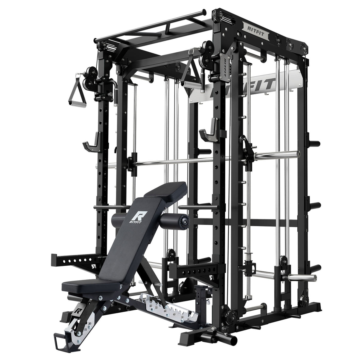 Black RitFit M2 Series Multi-Functional Modular Home Gym Package with adjustable bench and cable system