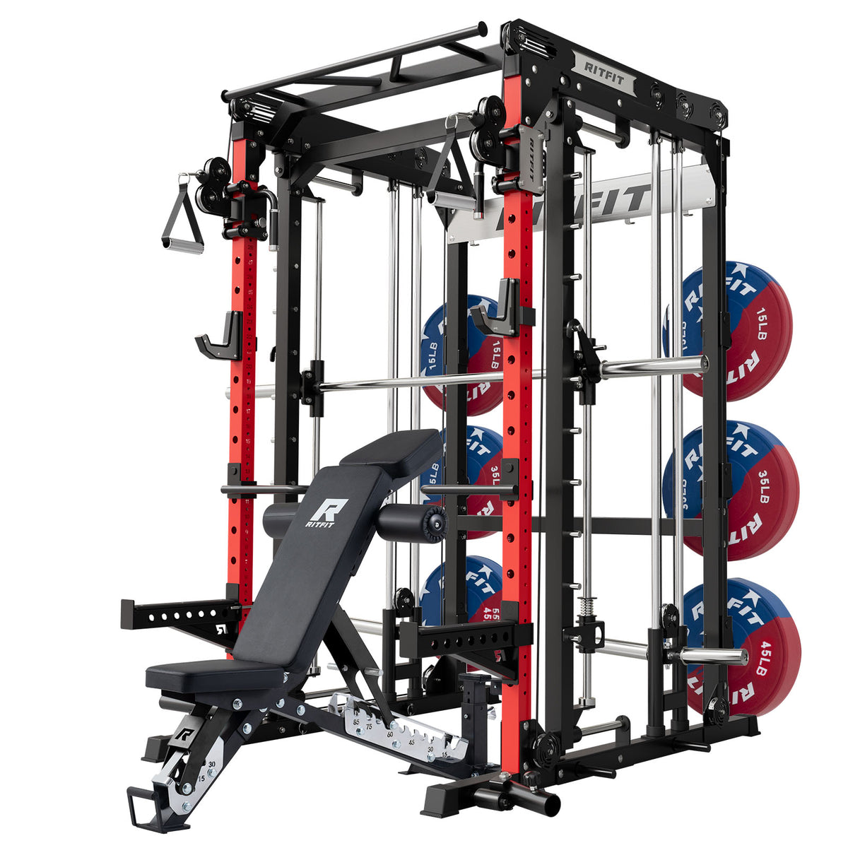 RitFit M2 Series modular home gym with red uprights, black bench, and weight plates