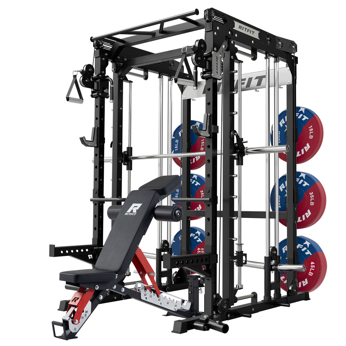 Black RitFit M2 Series Multi-Functional Modular Home Gym Package with adjustable bench and weight plates