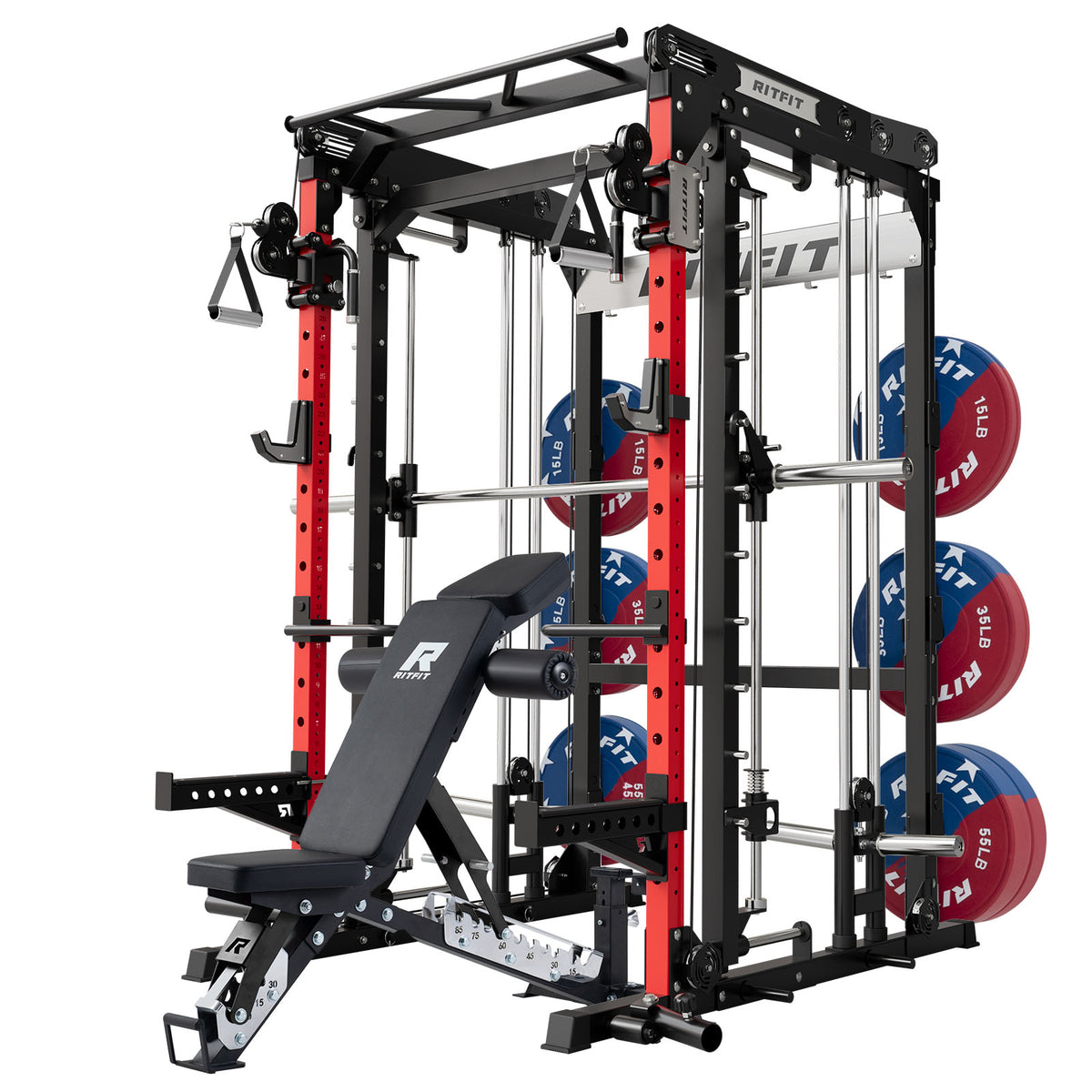 RitFit M2 Series multi-functional modular home gym package with red frame and weight plates