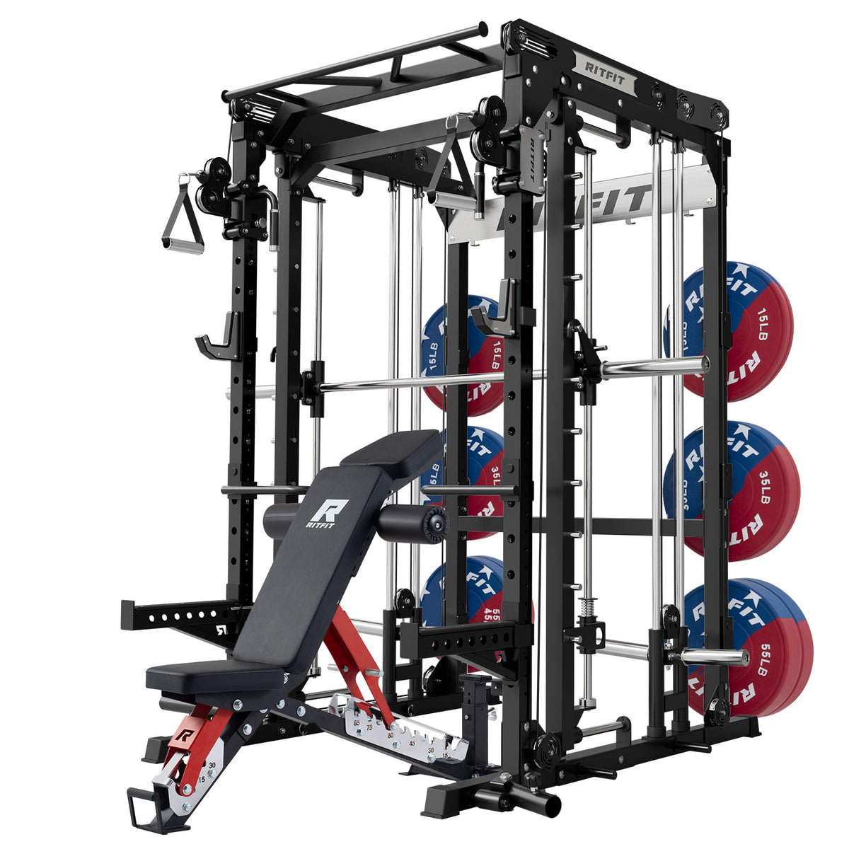 Black RitFit M2 Series Multi-Functional Modular Home Gym Package with adjustable bench and weight plates