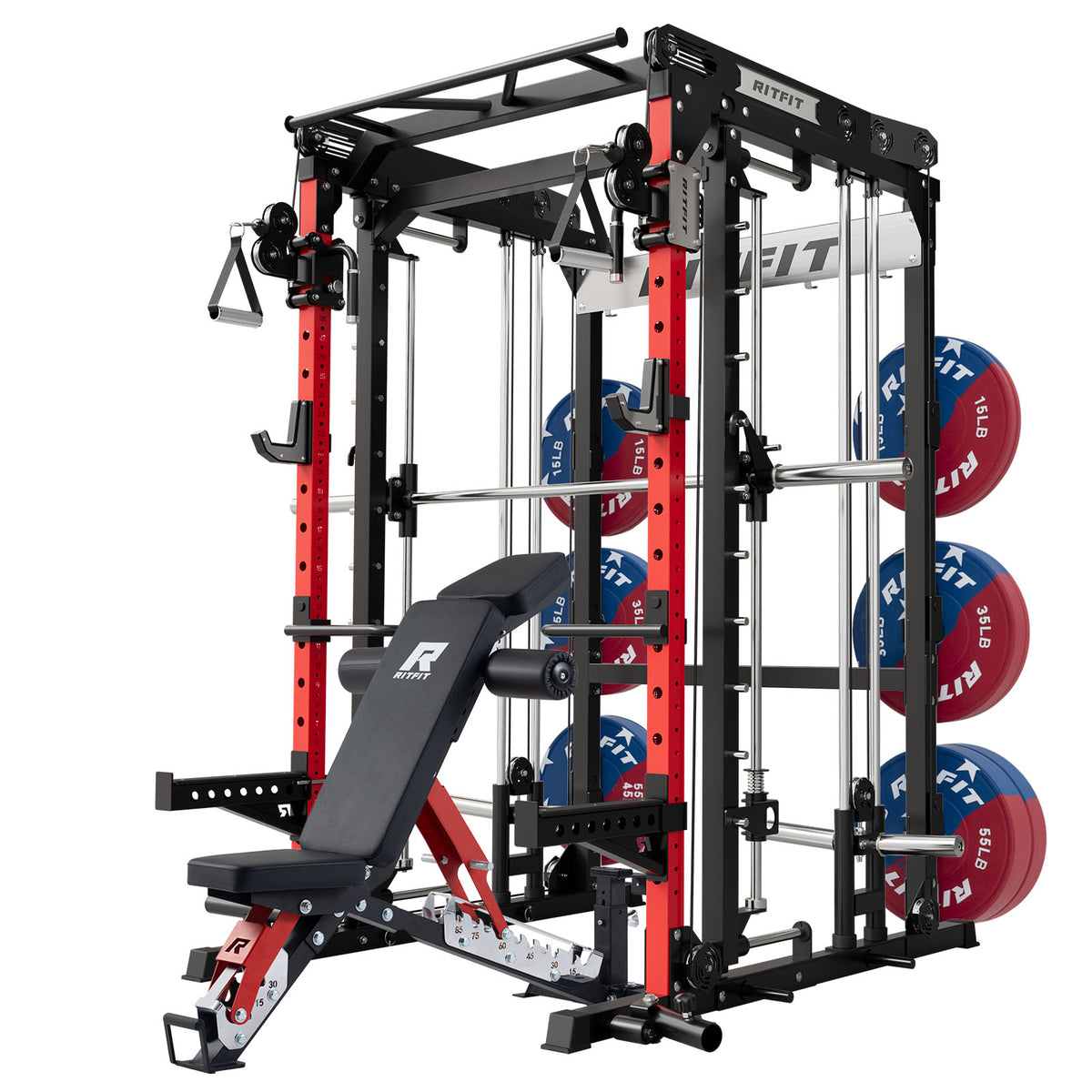 RitFit M2 Series multi-functional modular home gym with red and black frame, adjustable bench, and weight plates