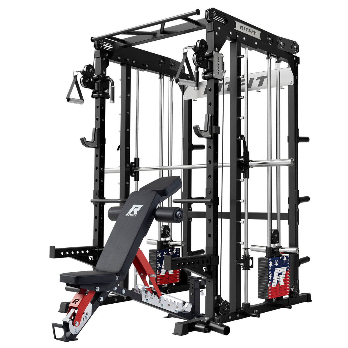Black RitFit M2 Series Multi-Functional Modular Home Gym Package with adjustable bench and cable system