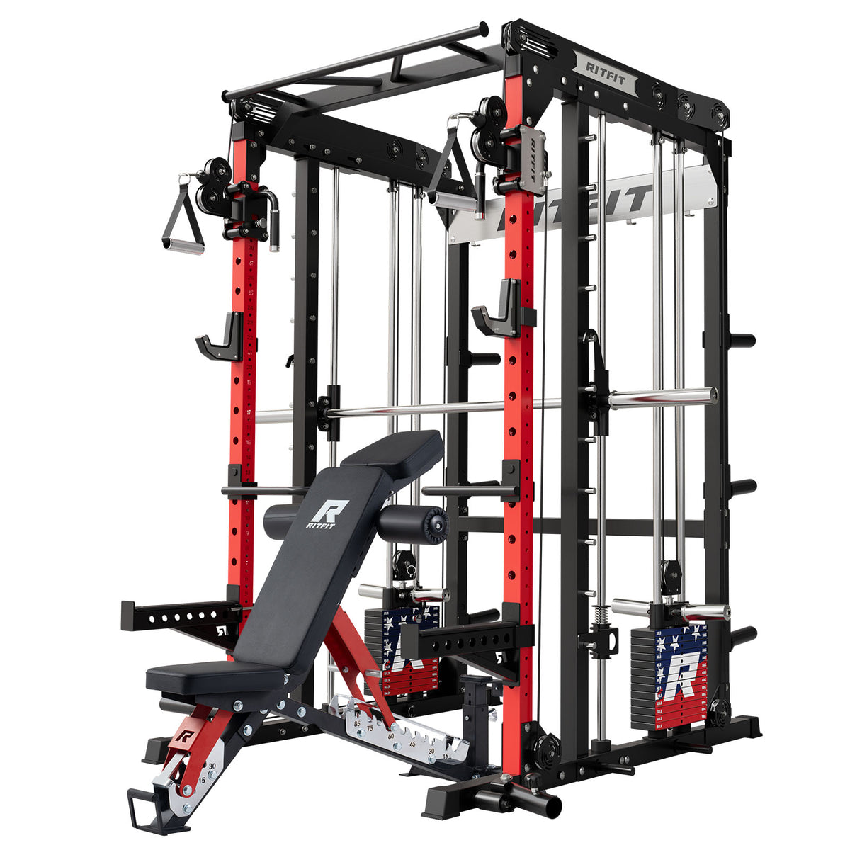 RitFit M2 Series multi-functional modular home gym package with red and black frame and adjustable bench