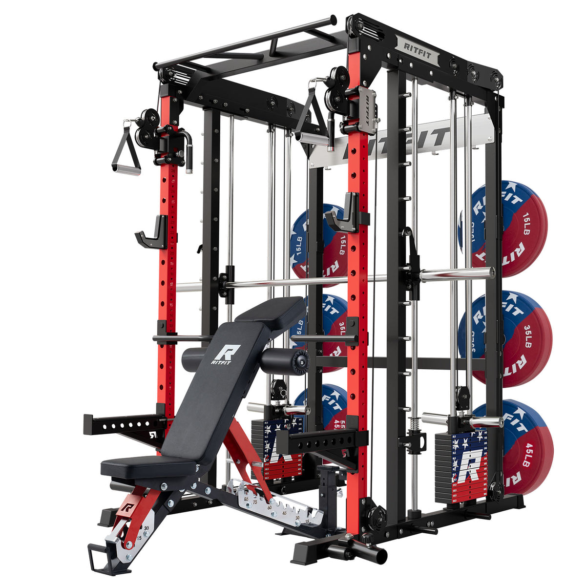 RitFit M2 Series multi-functional modular home gym package with red and black frame, bench, and weight plates