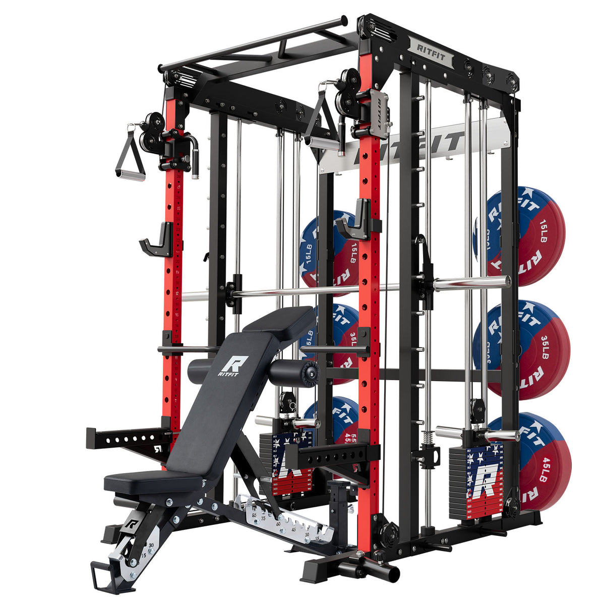 RitFit M2 Series multi-functional modular home gym with red and black frame, adjustable bench, and weight plates