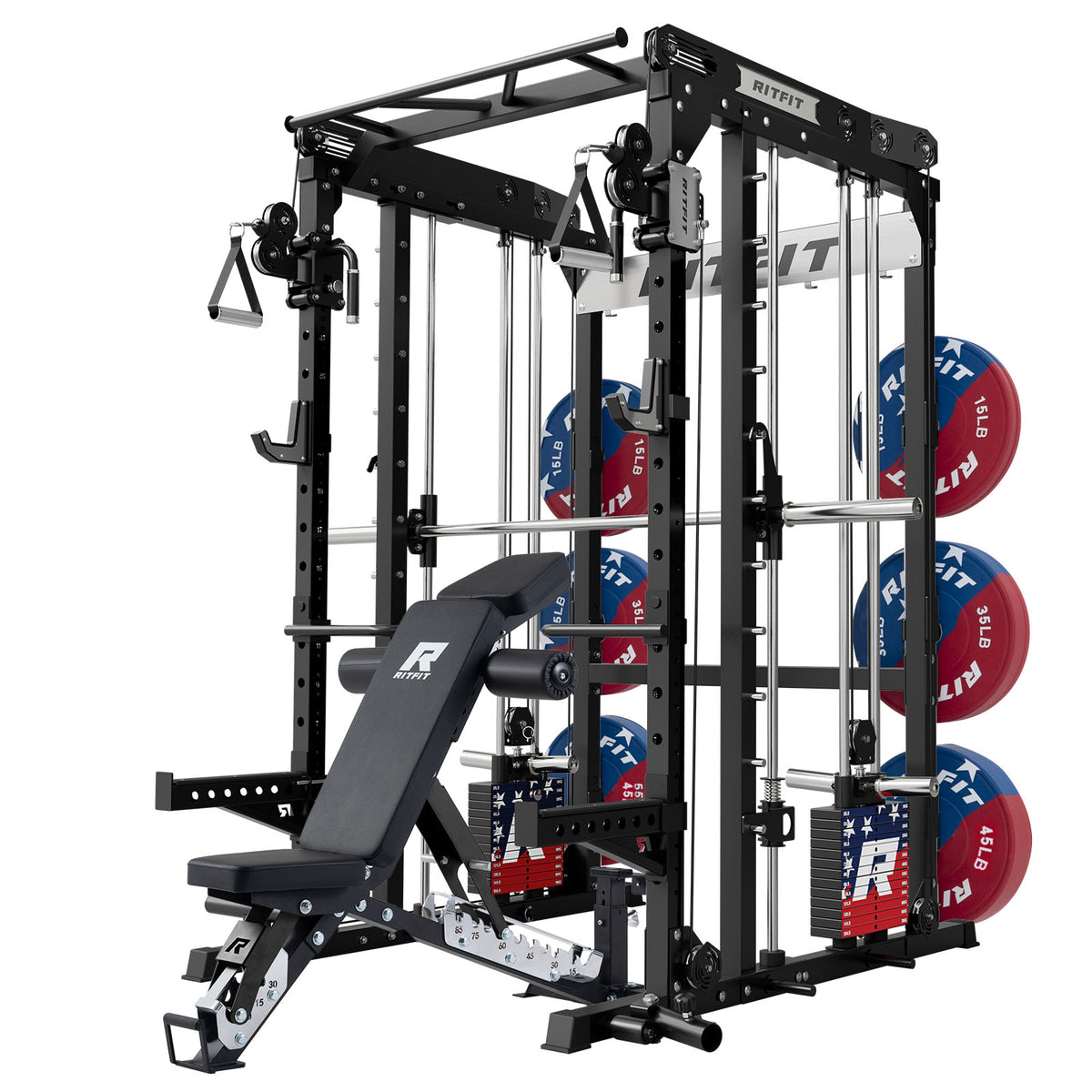 Black RitFit M2 Series Multi-Functional Modular Home Gym Package with adjustable bench and weight plates
