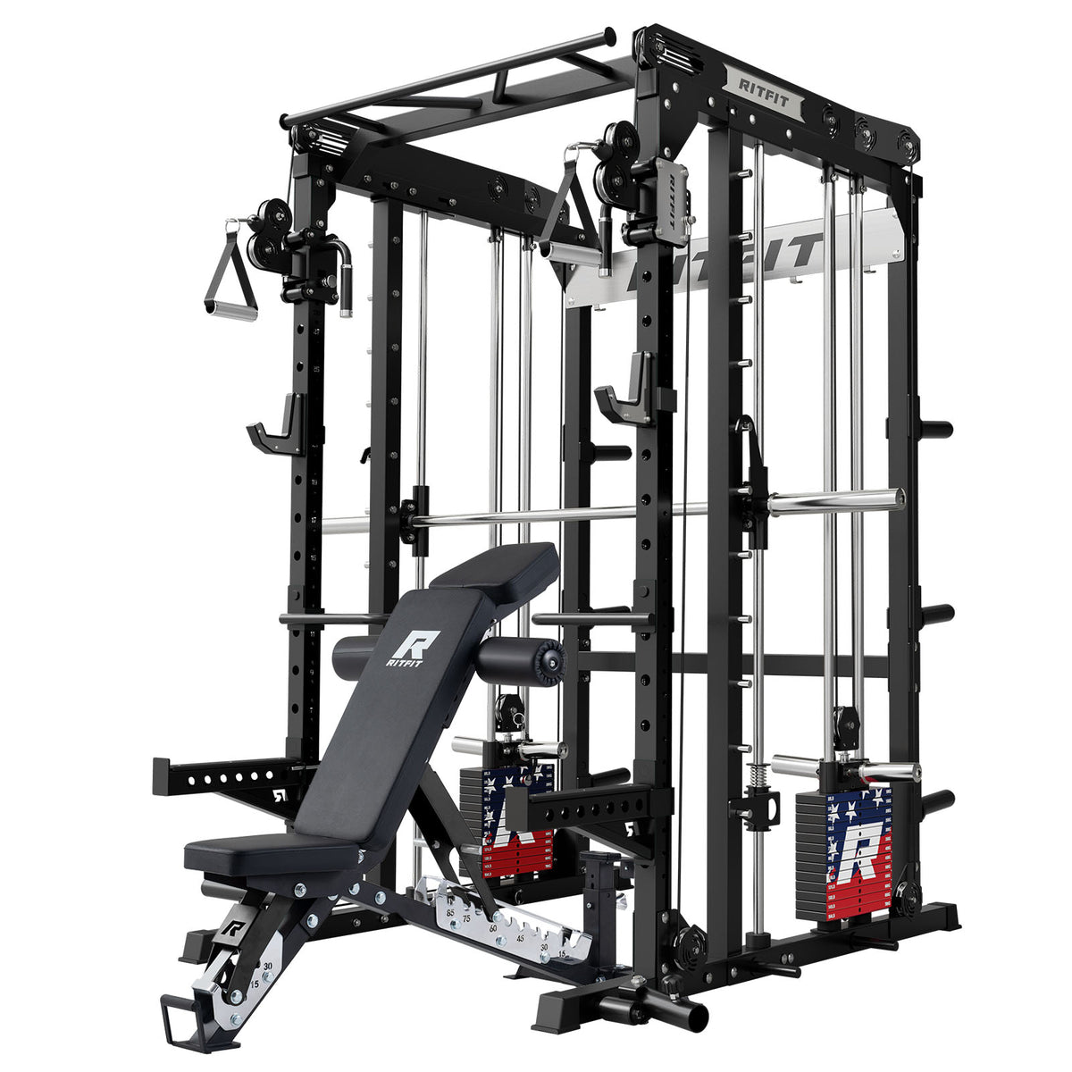 Black RitFit M2 Series Multi-Functional Modular Home Gym Package with adjustable bench and cable system