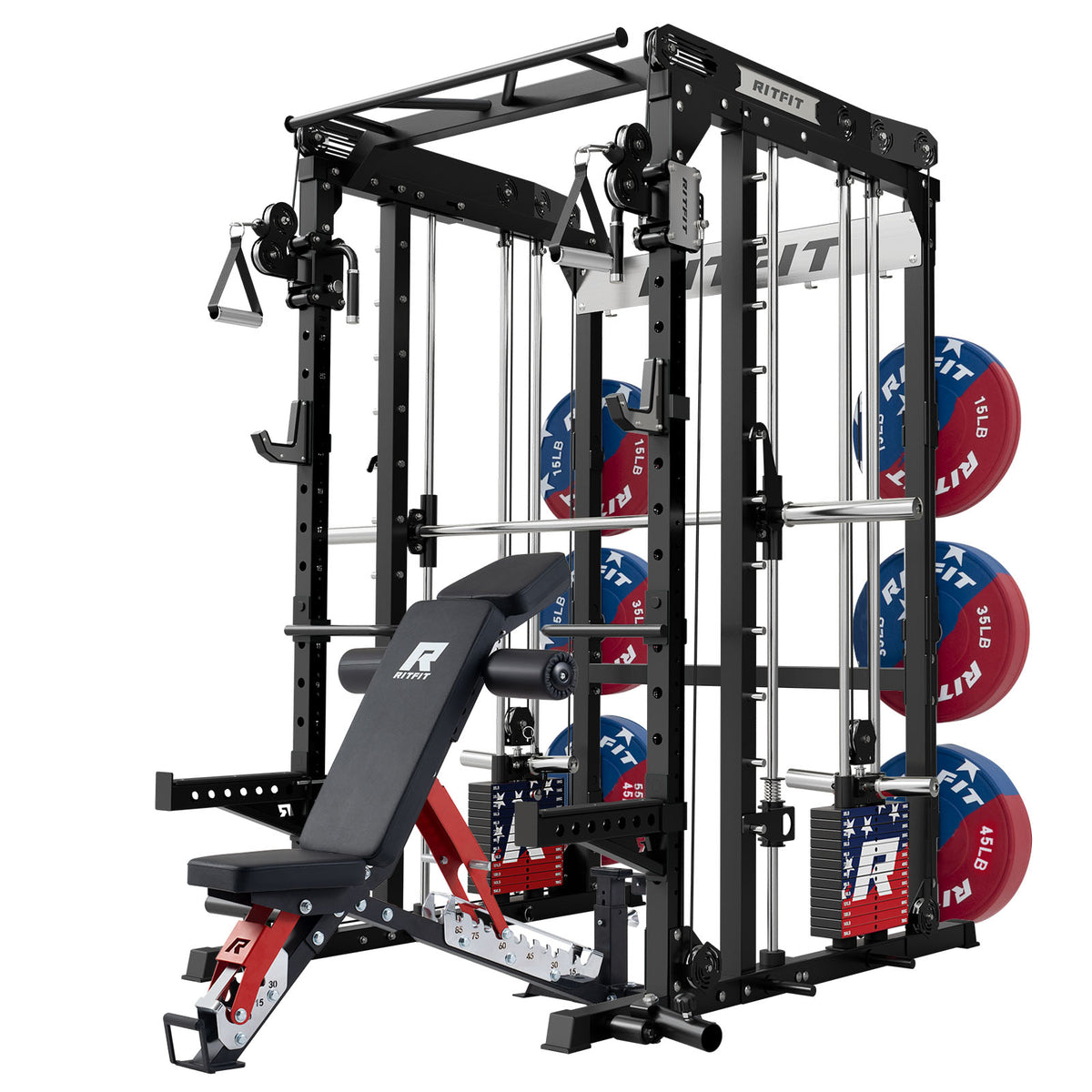 Black RitFit M2 Series multi-functional modular home gym package with adjustable bench and weight plates