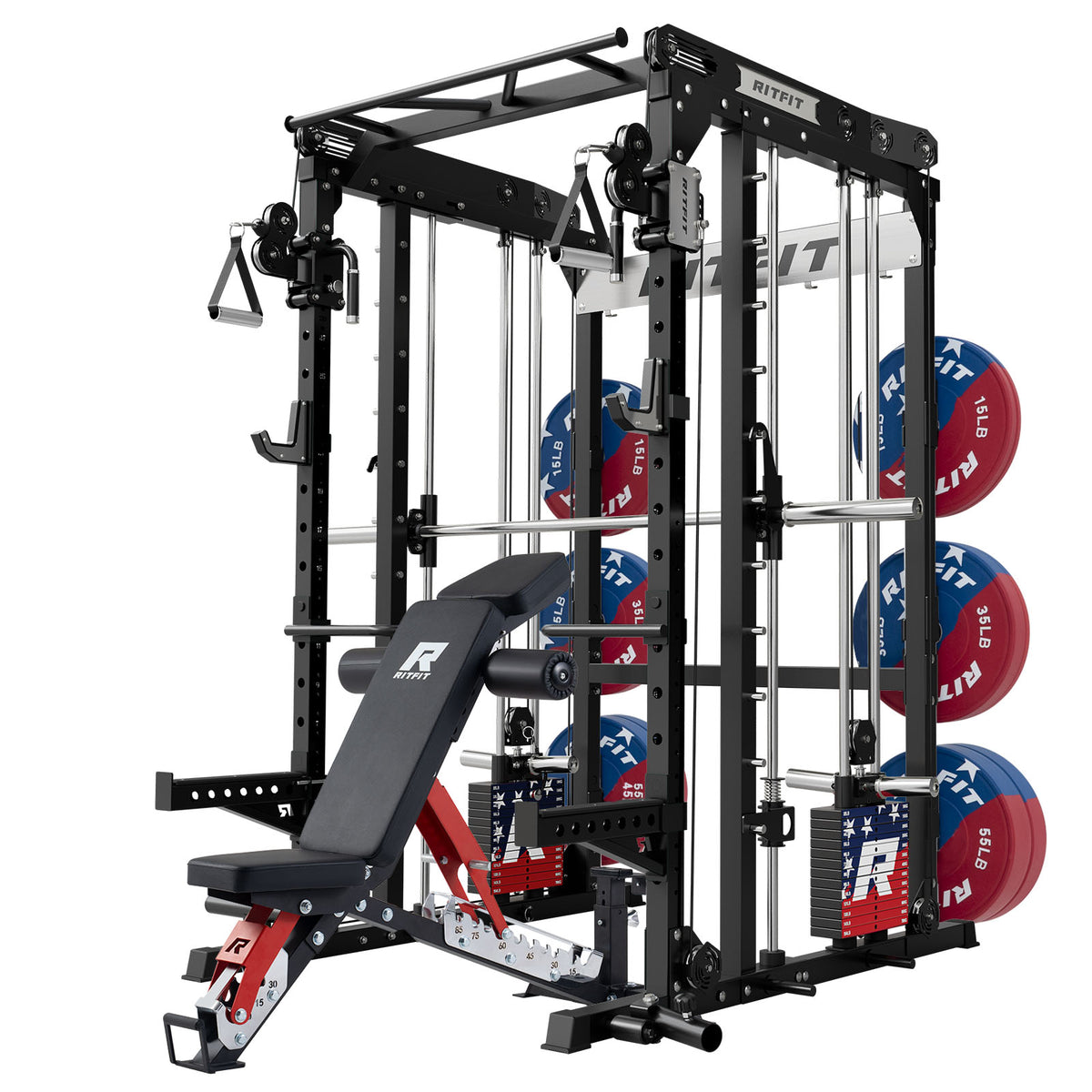 RitFit M2 Series multi-functional modular home gym with black frame, adjustable bench and weight plates