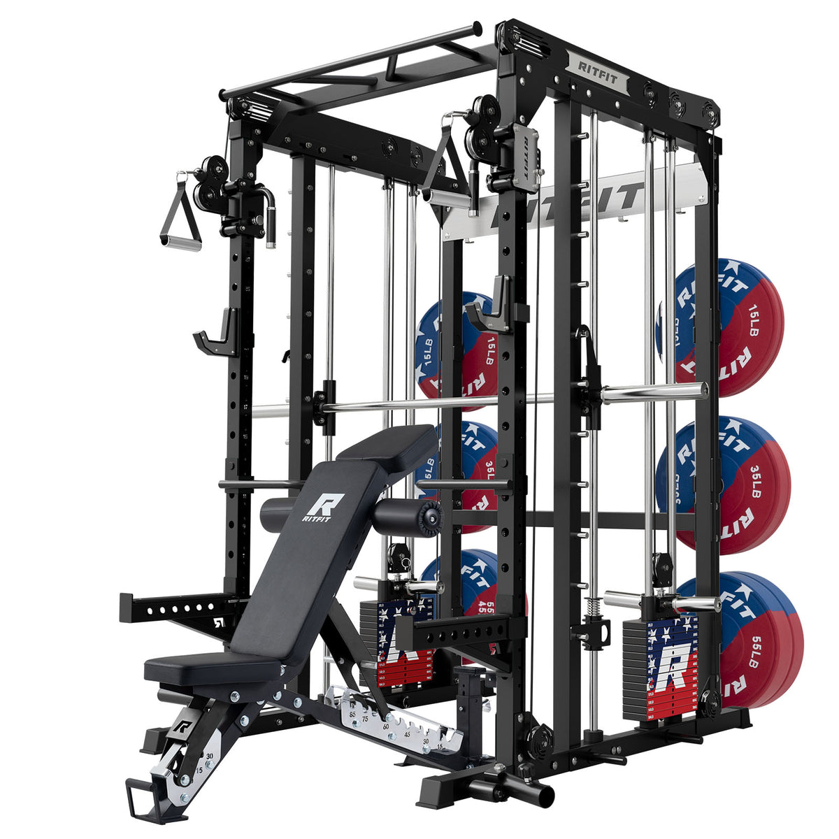 Black RitFit M2 Series multi-functional modular home gym with adjustable bench and weight plates