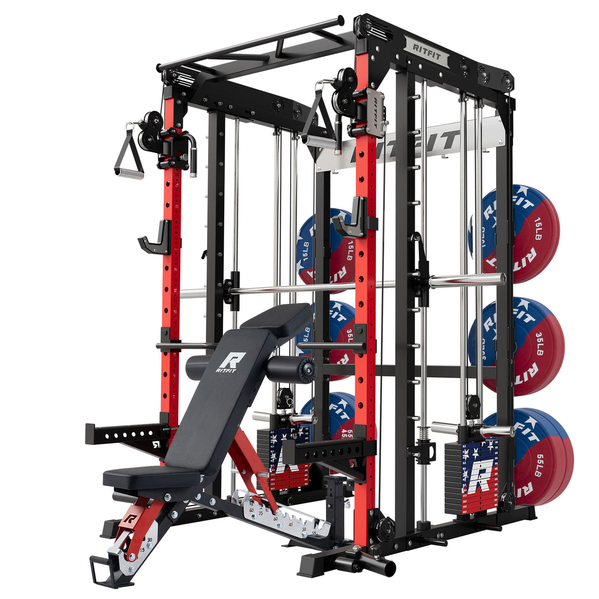 RitFit M2 Series multi-functional modular home gym with red and black frame, adjustable bench, and weight plates