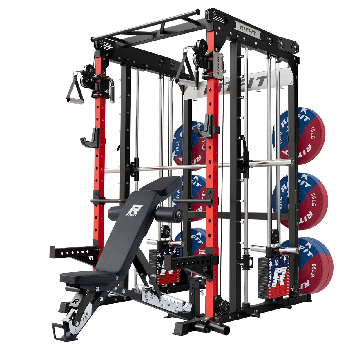 RitFit M2 Series modular home gym with red and black rack, adjustable bench, and weight plates