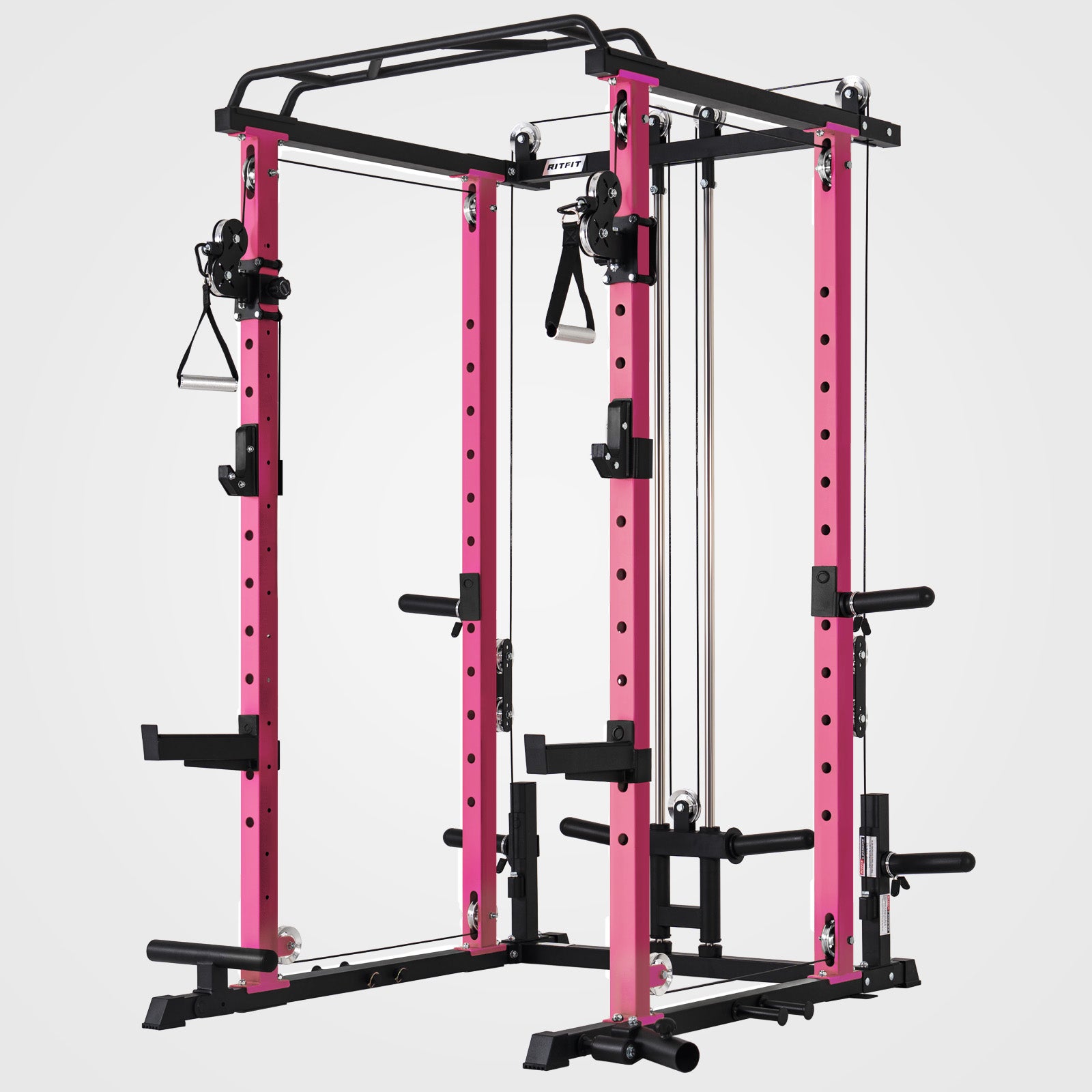 Pink and black fitness power rack on a grey background