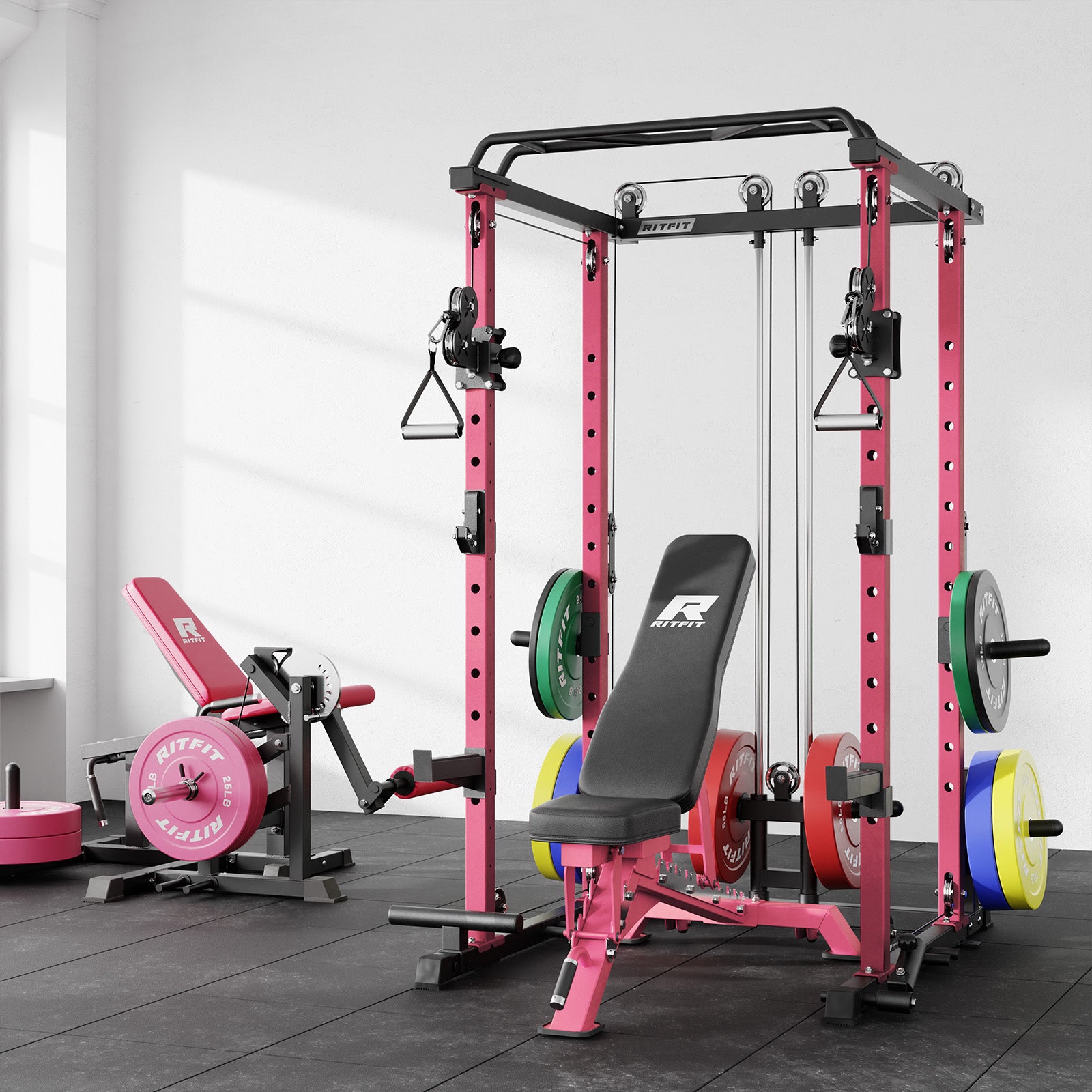 Pink gym equipment including a power rack and bench in a room.