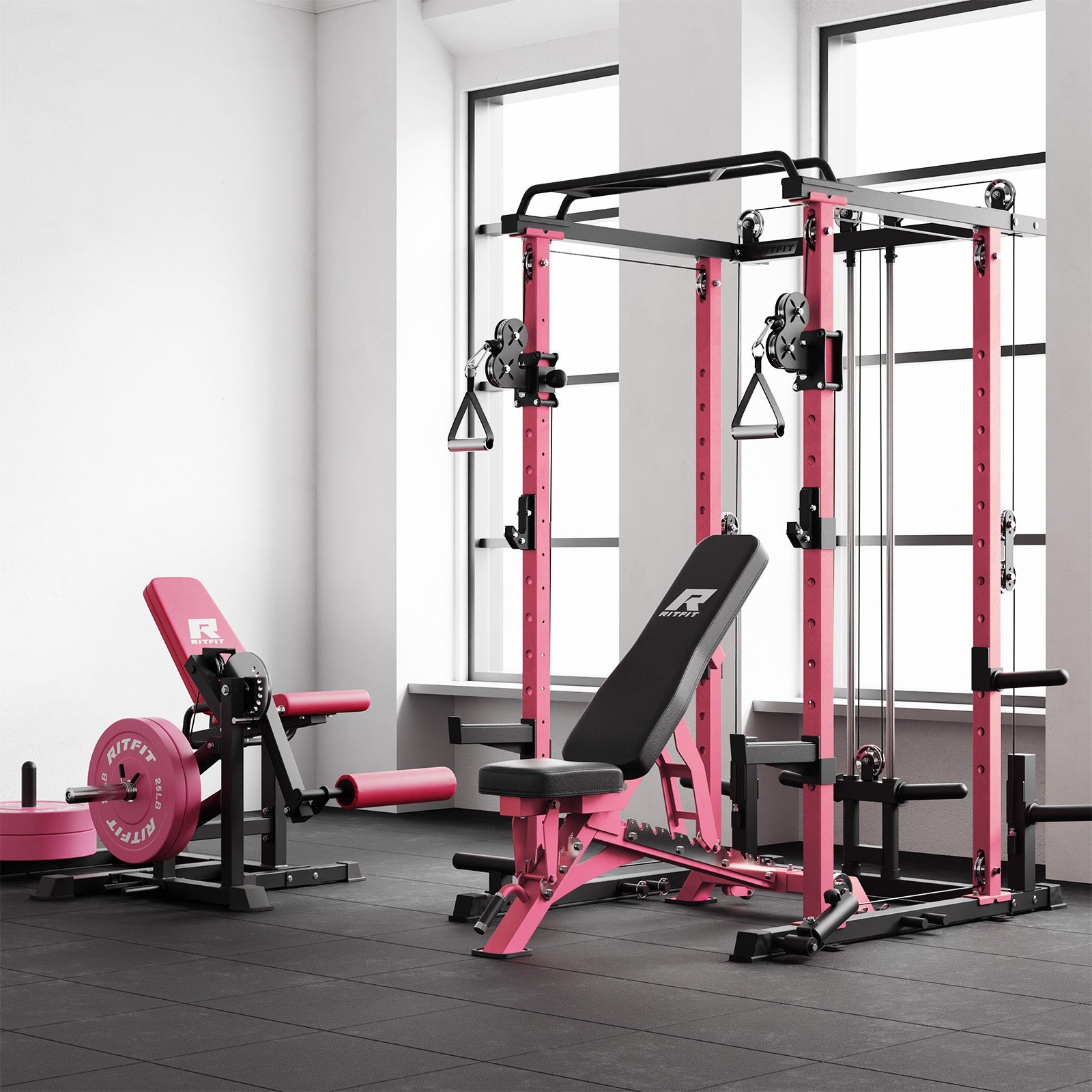 Pink gym equipment including a power rack, bench, and weight plates in a well-lit room.
