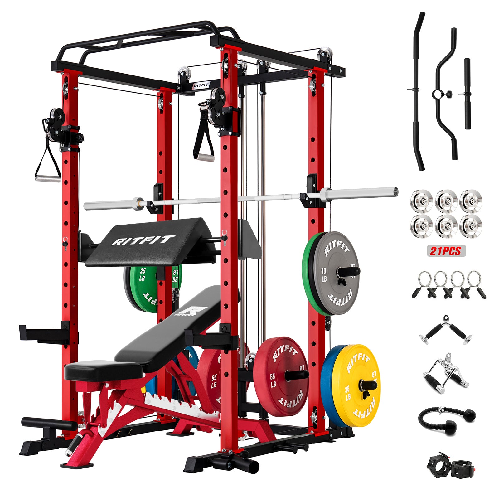 RitFit P3 Power Cage black home gym package with weight rack and accessories for strength training and weightlifting.