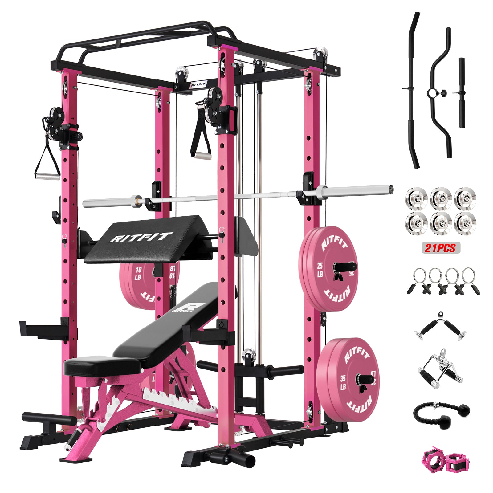 Pink RitFit P3 Power Cage home gym package with 1200lbs capacity and multiple workout accessories.