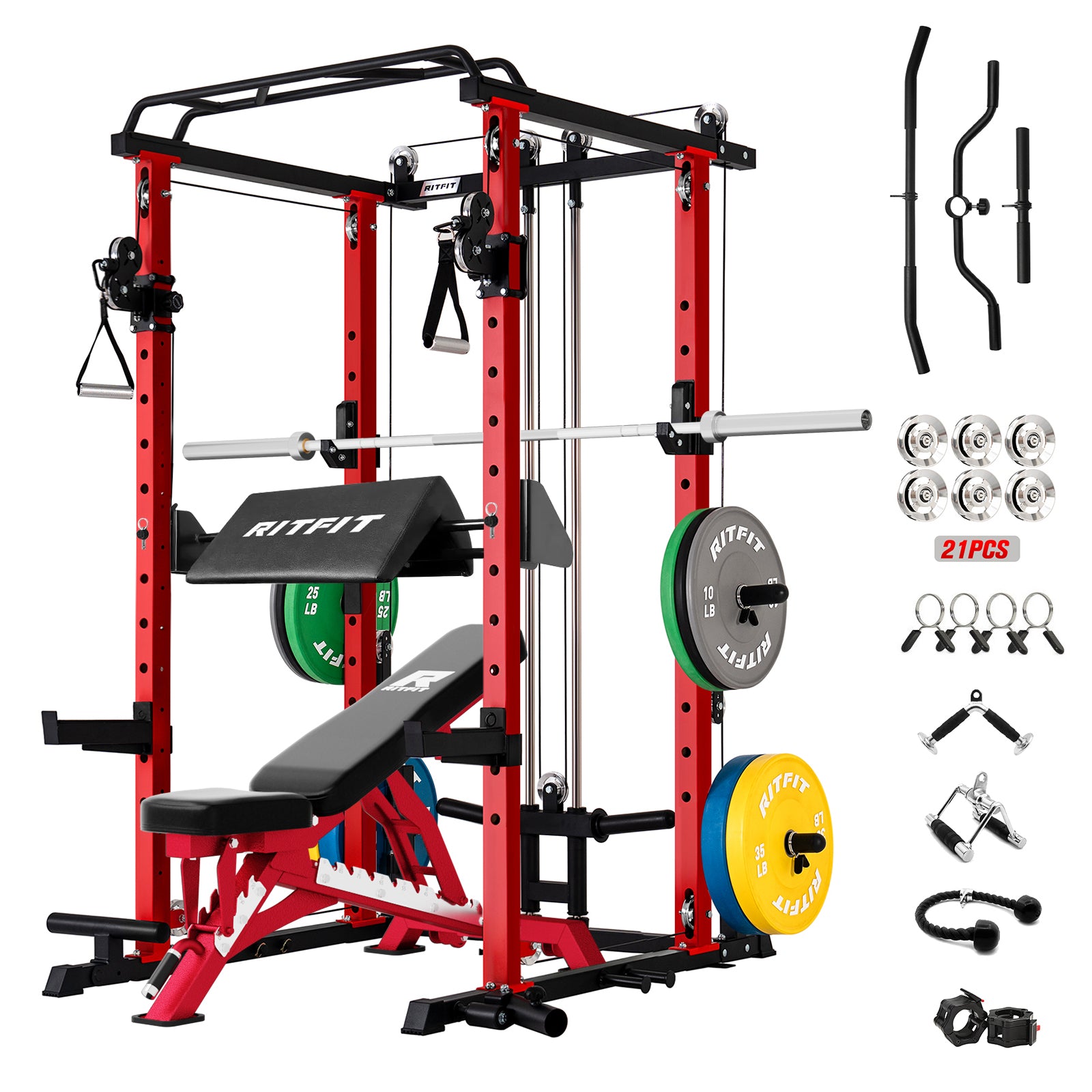 Red RitFit P3 Power Cage home gym package with weight rack, 260-piece set, and safety bars for strength training.