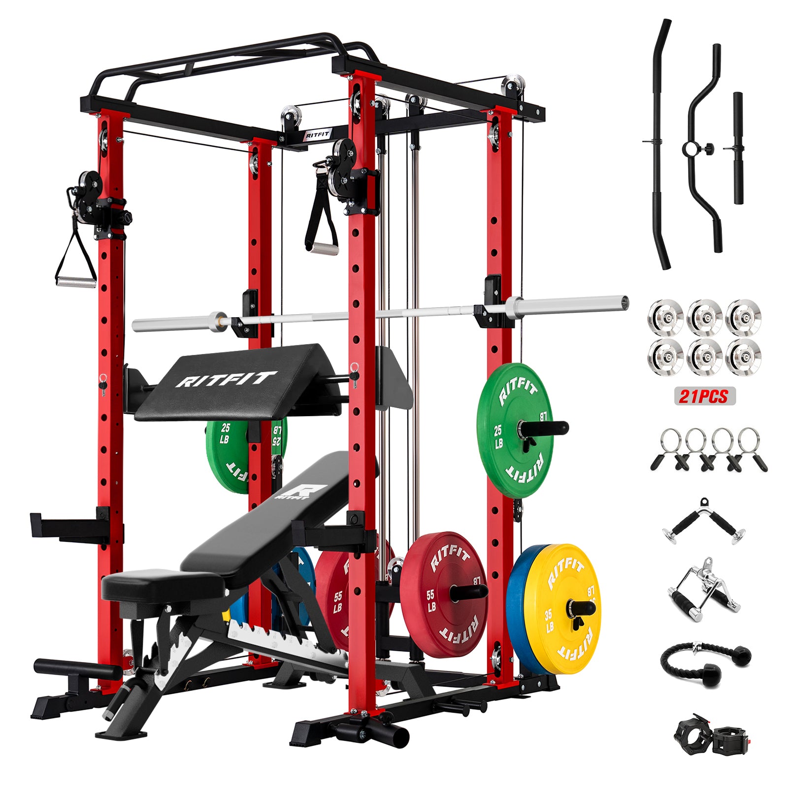Red RitFit P3 Power Cage home gym package with 1200lb capacity, including weight racks and accessories.