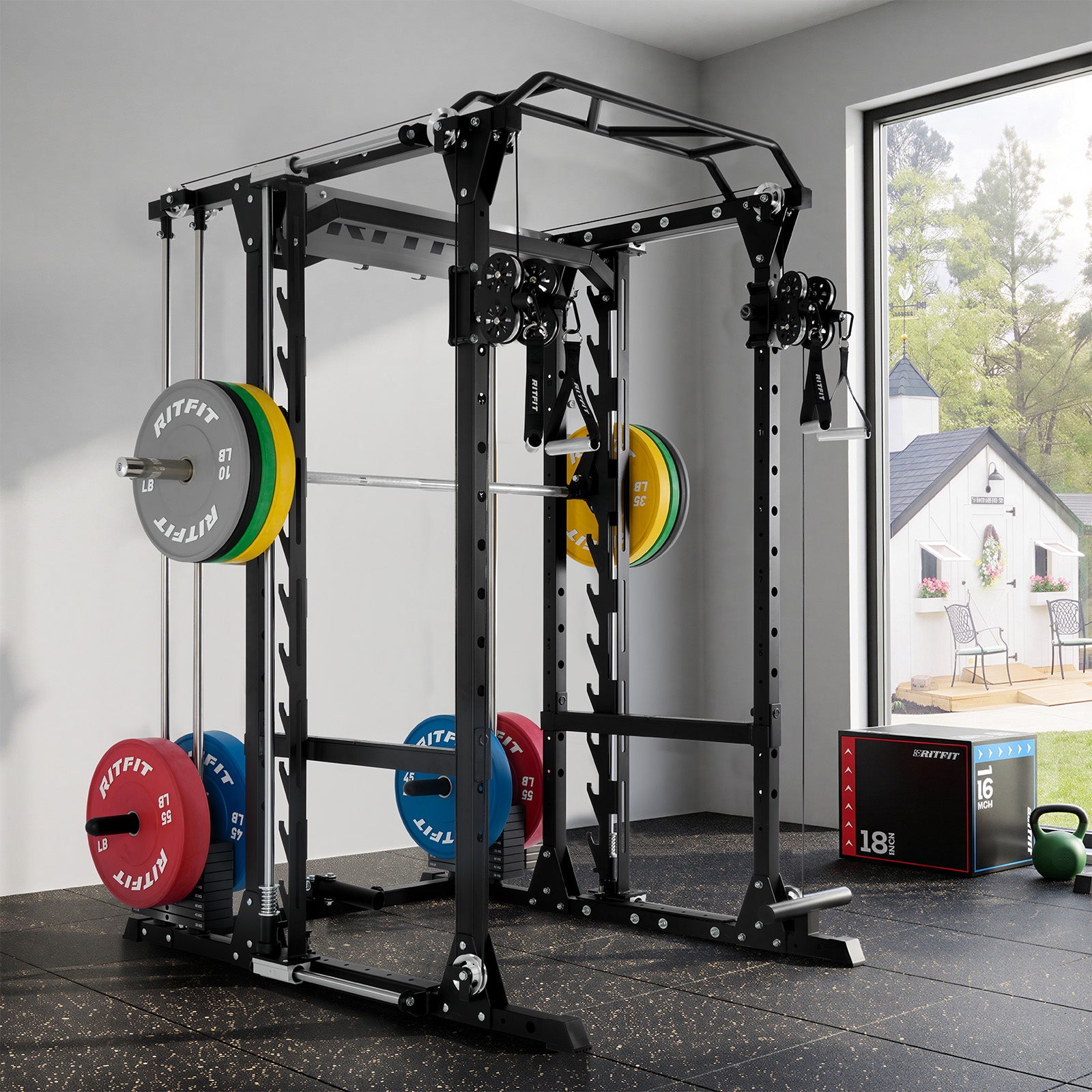 Black RitFit P9 Multi-Functional Modular Power Cage with 3D Smith Machine and colorful weight plates